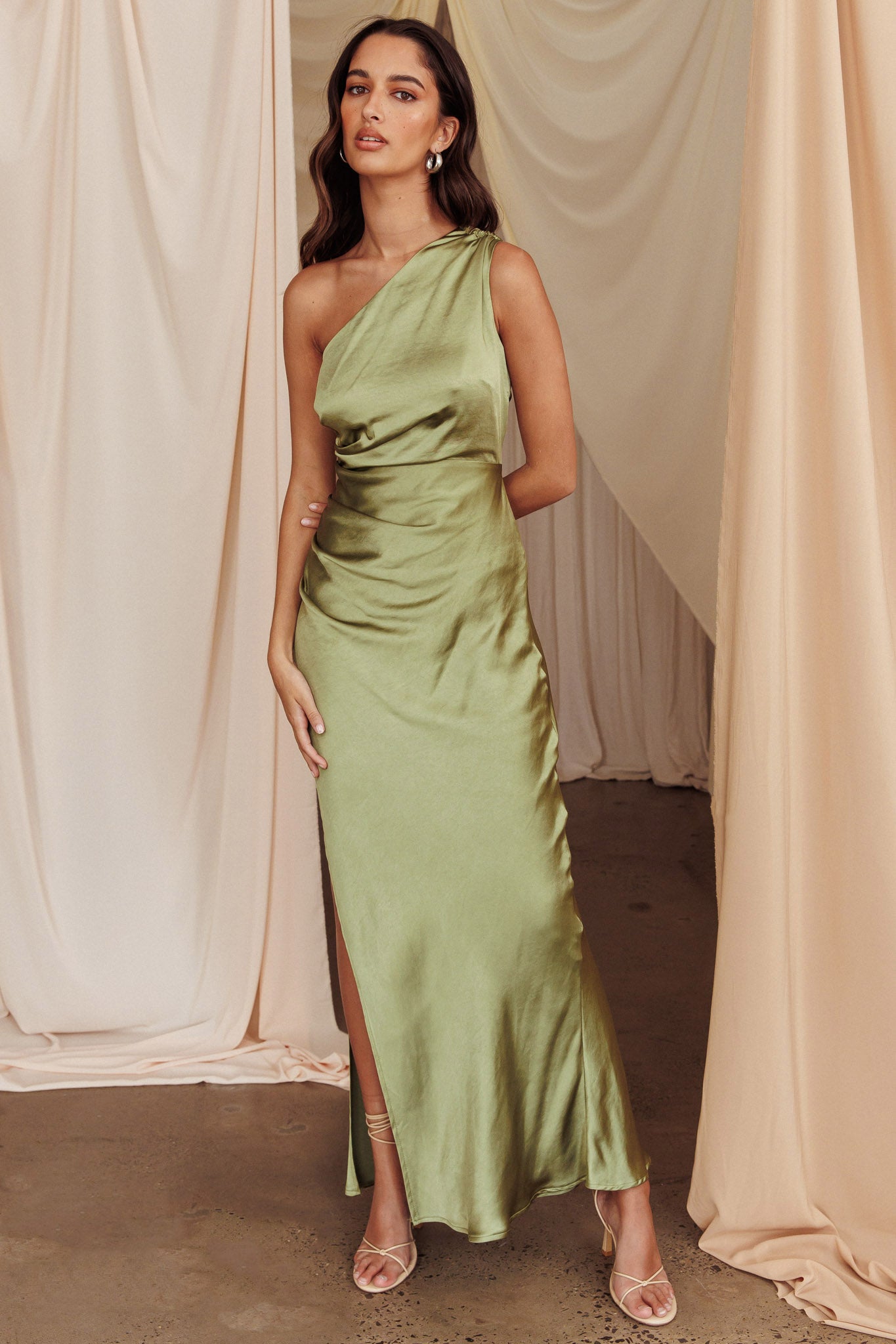 Kamillia One-Shoulder Split Maxi Dress Olive-Maymioy