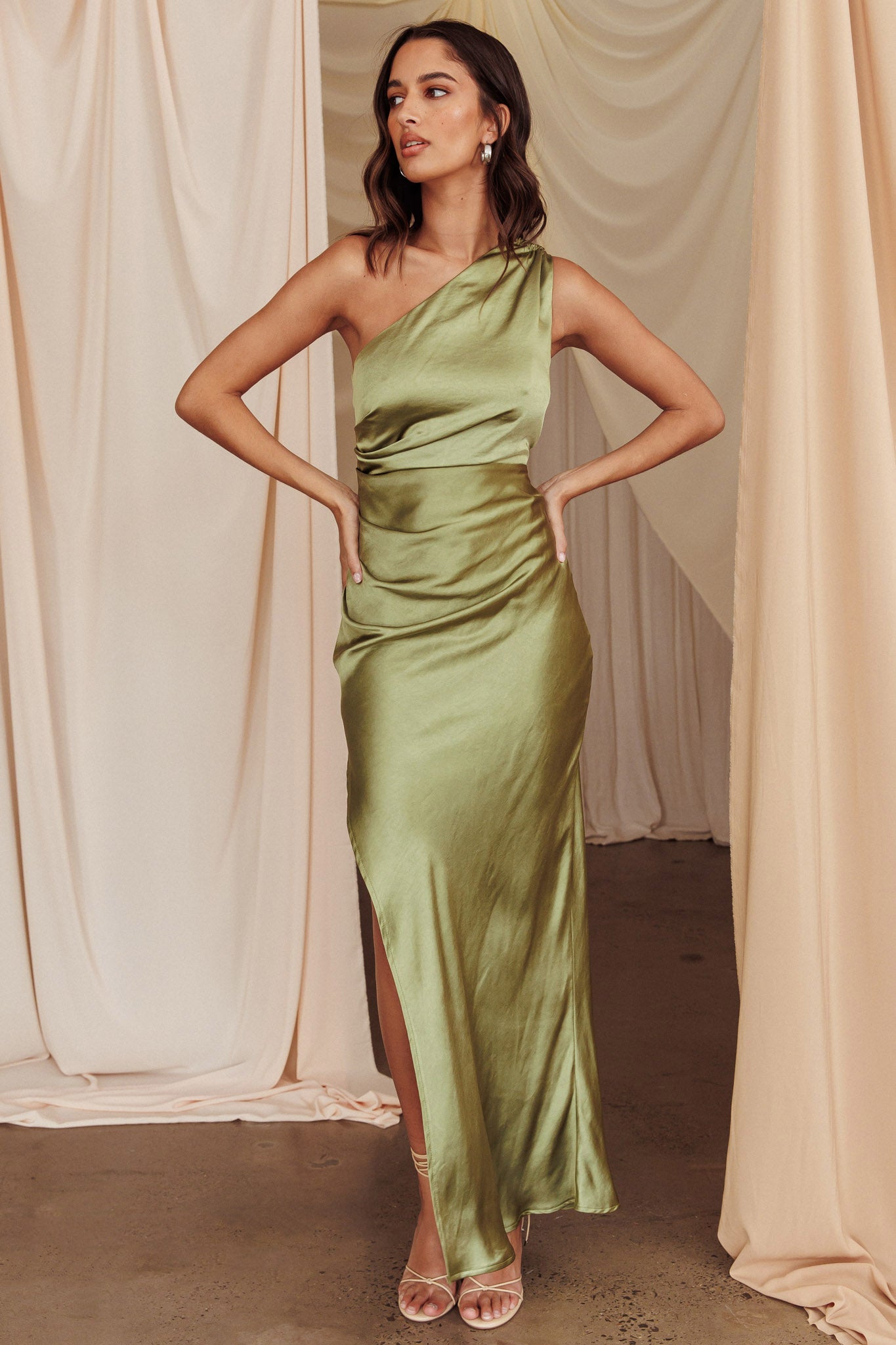 Kamillia One-Shoulder Split Maxi Dress Olive-Maymioy