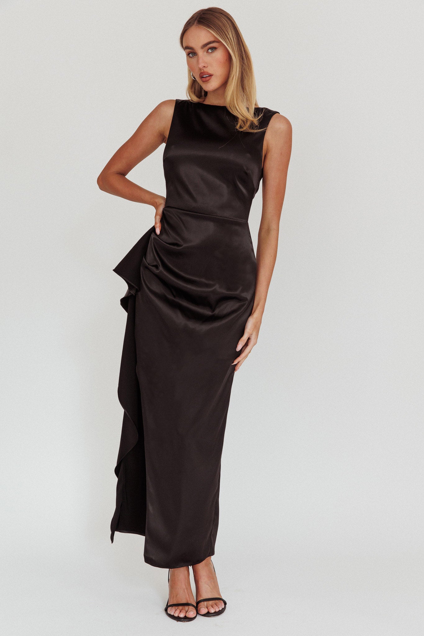 Kamillia Boat Neck Split Maxi Dress Black-Maymioy