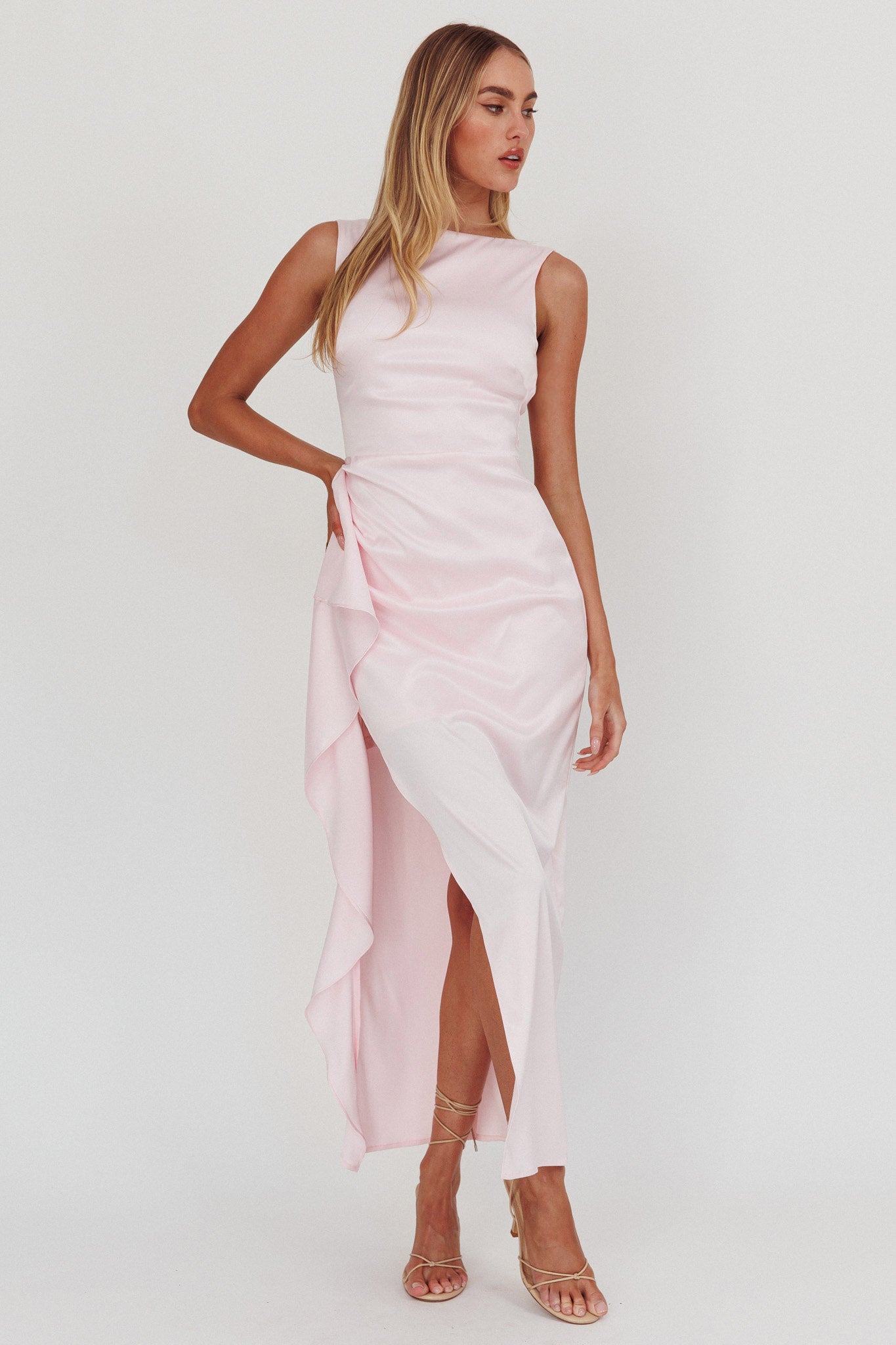 Kamillia Boat Neck Split Maxi Dress Ice Pink-Maymioy