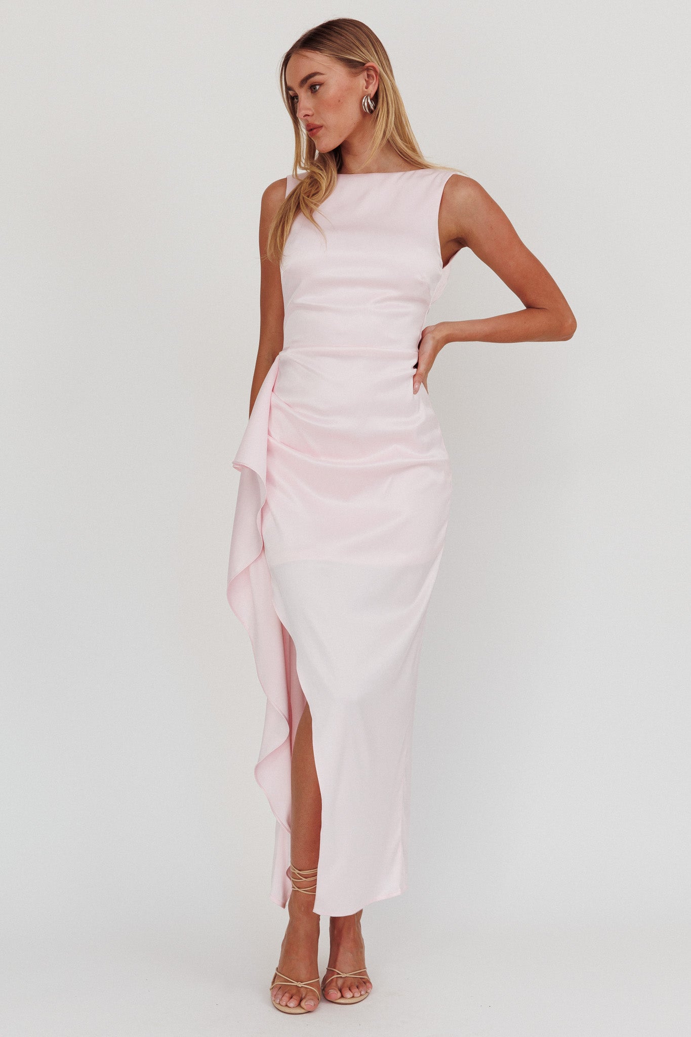 Kamillia Boat Neck Split Maxi Dress Ice Pink-Maymioy