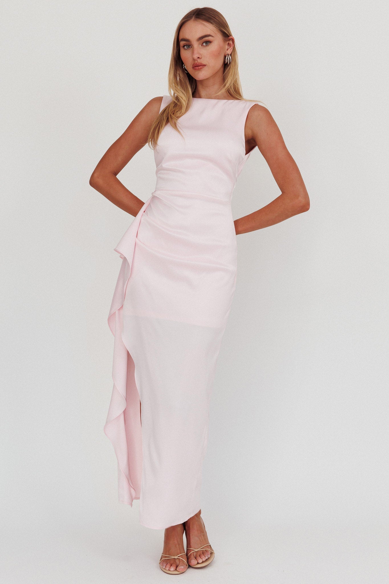 Kamillia Boat Neck Split Maxi Dress Ice Pink-Maymioy