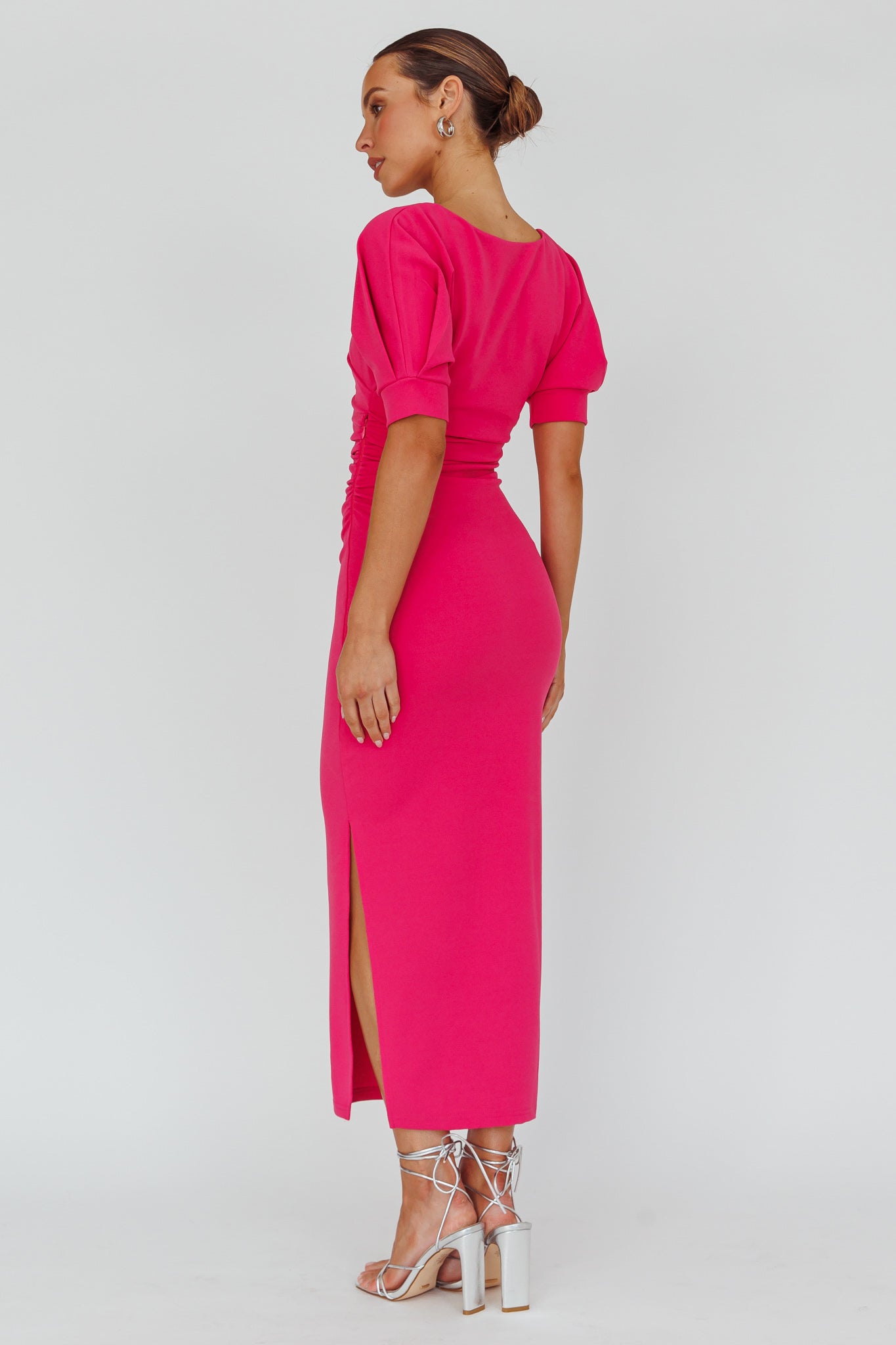 Valette Puff Sleeve Midi Dress Magenta-Maymioy