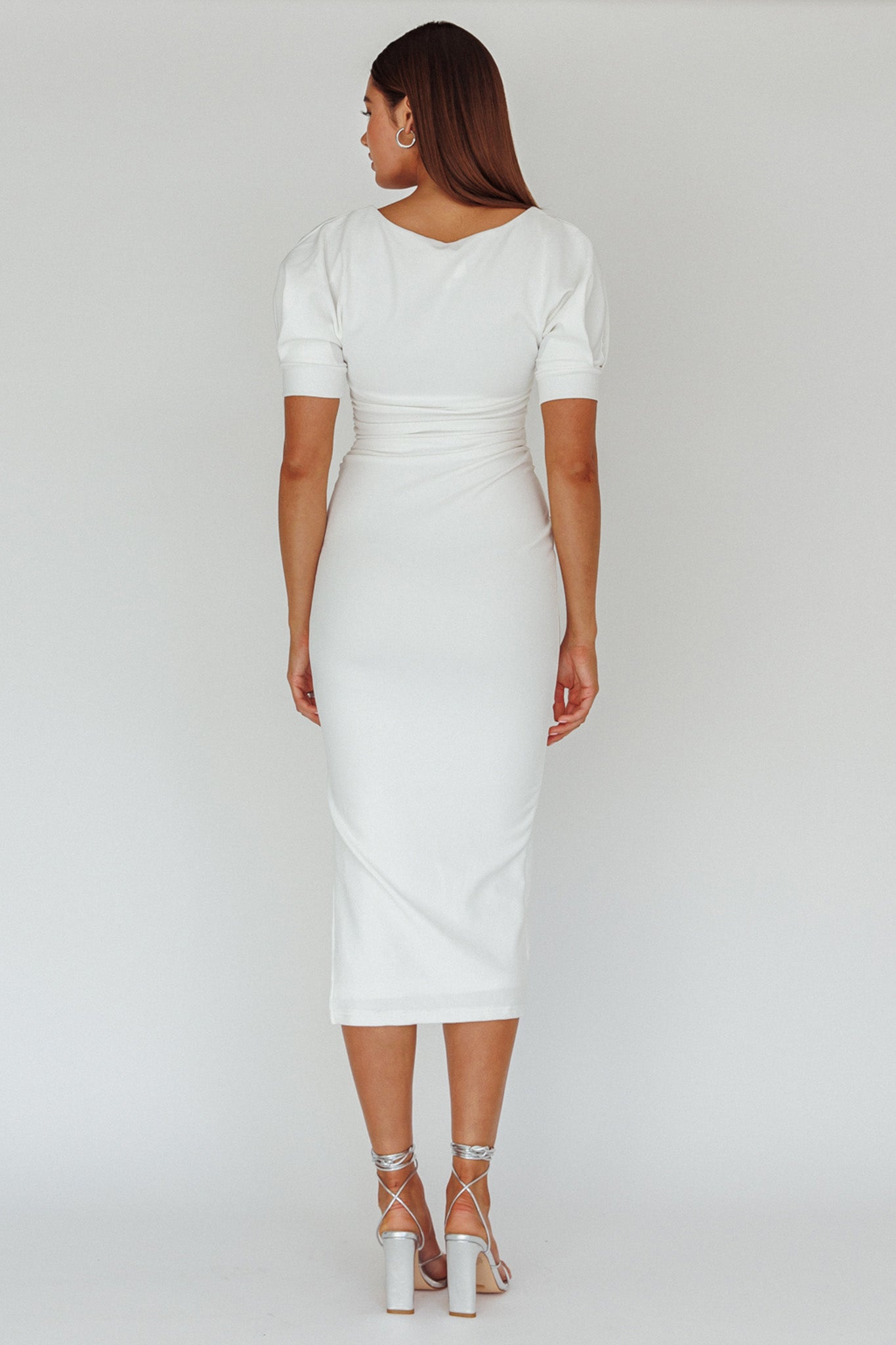 Valette Puff Sleeve Midi Dress White-Maymioy