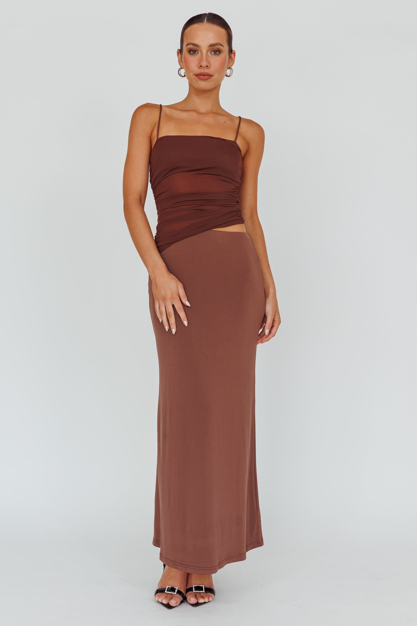 Lorely Ruched Bodice Midi Dress Brown-Maymioy