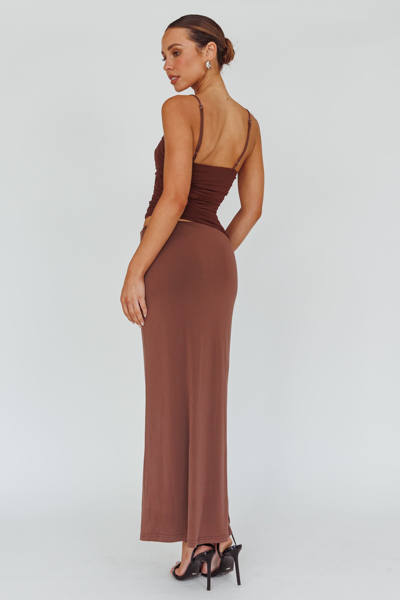 Lorely Ruched Bodice Midi Dress Brown-Maymioy