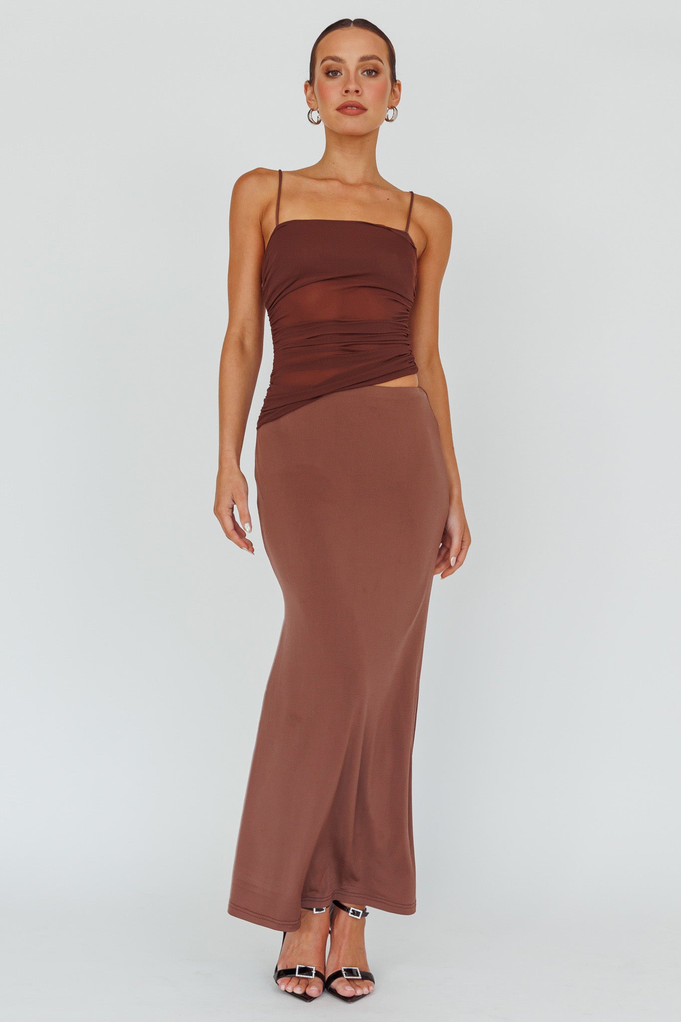Lorely Ruched Bodice Midi Dress Brown-Maymioy
