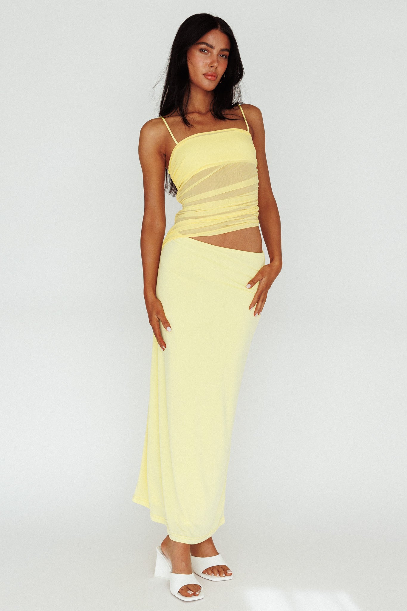 Lorely Ruched Bodice Midi Dress Yellow-Maymioy