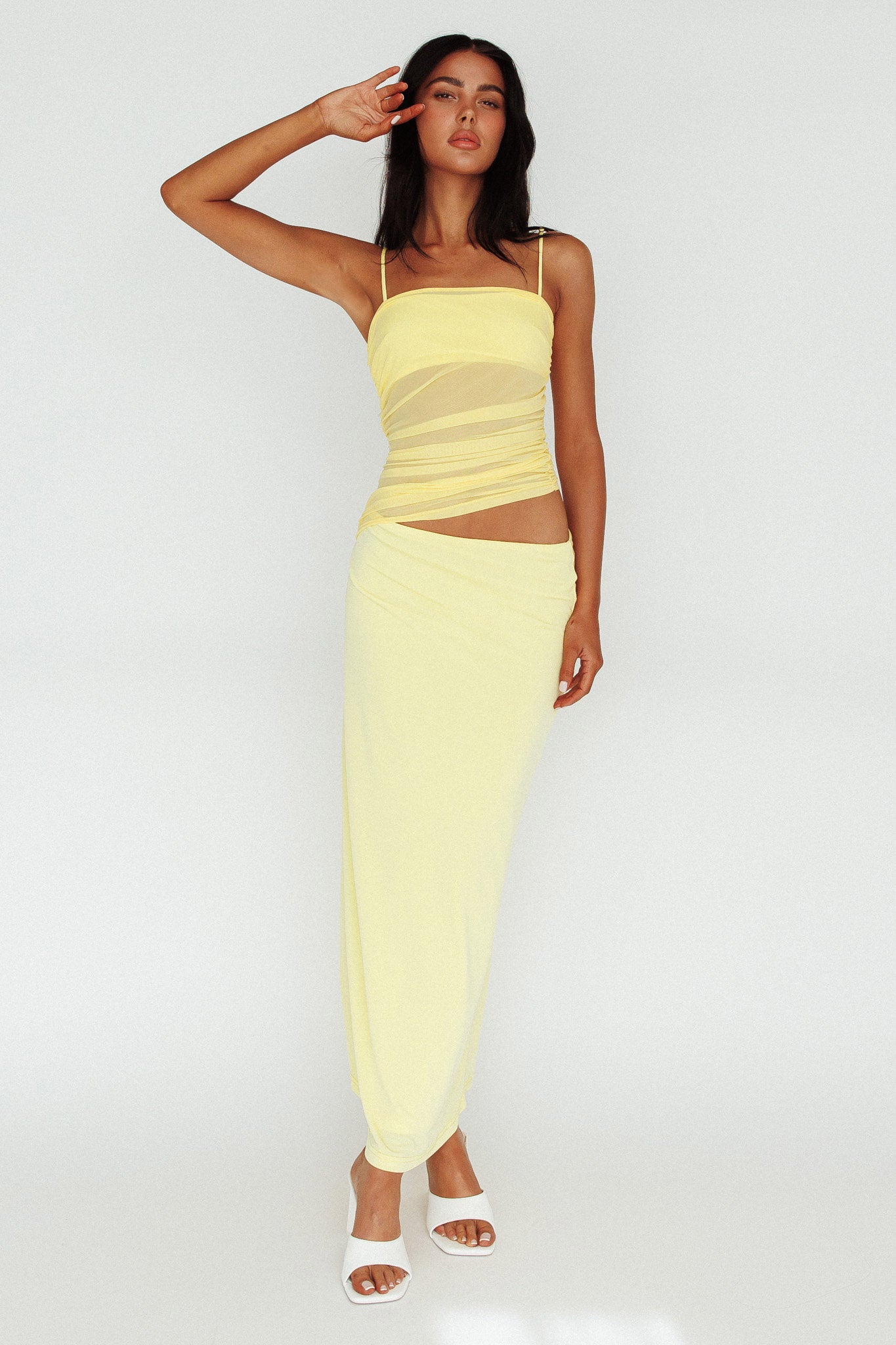 Lorely Ruched Bodice Midi Dress Yellow-Maymioy