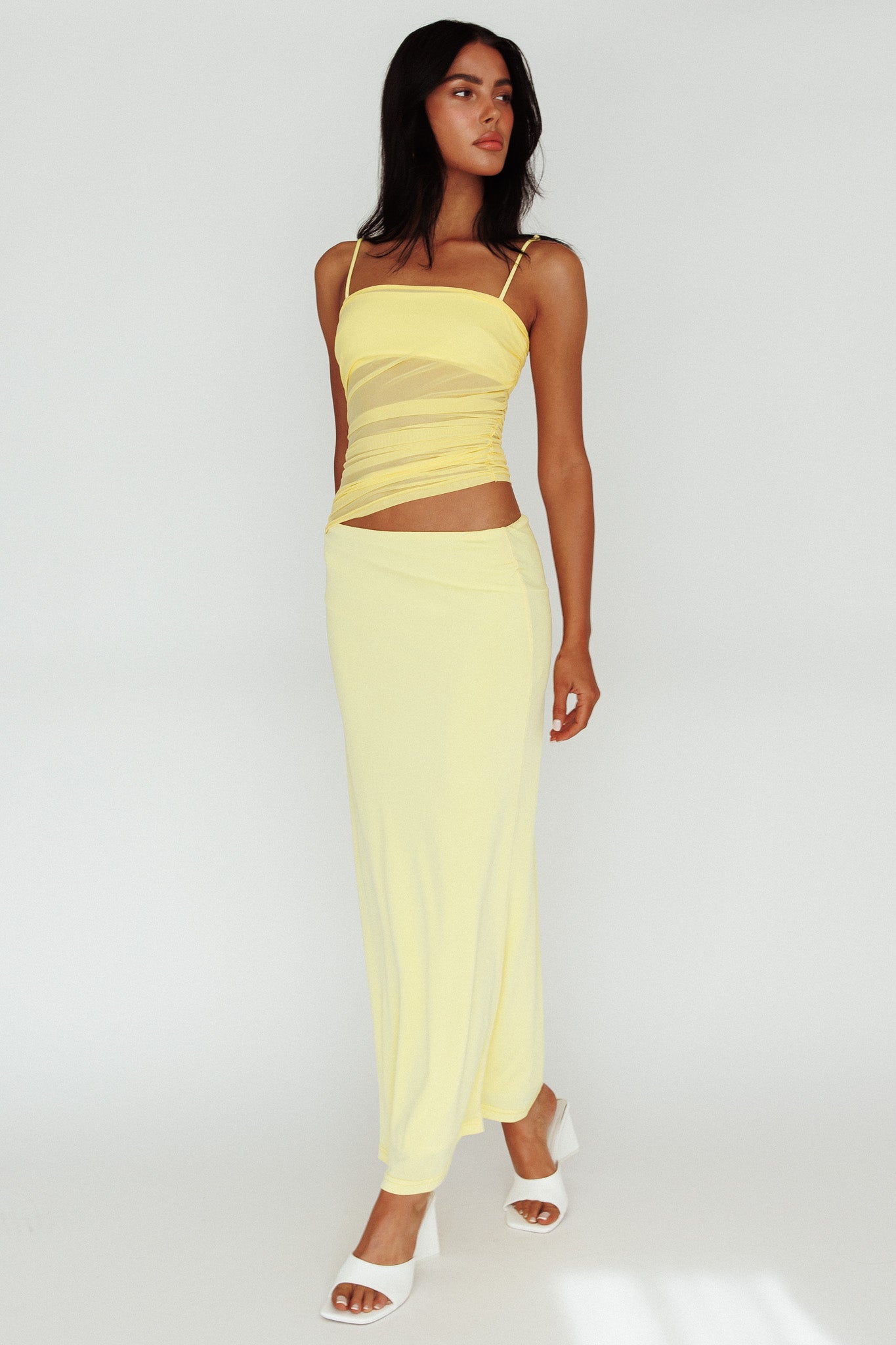 Lorely Ruched Bodice Midi Dress Yellow-Maymioy