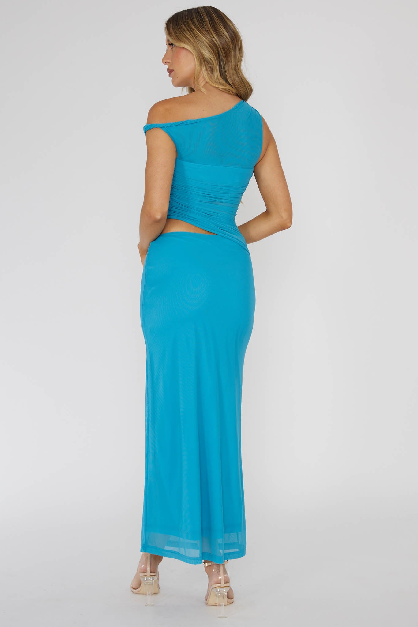 Lorely Ruched Bodice Twist Strap Midi Dress Ocean-Maymioy