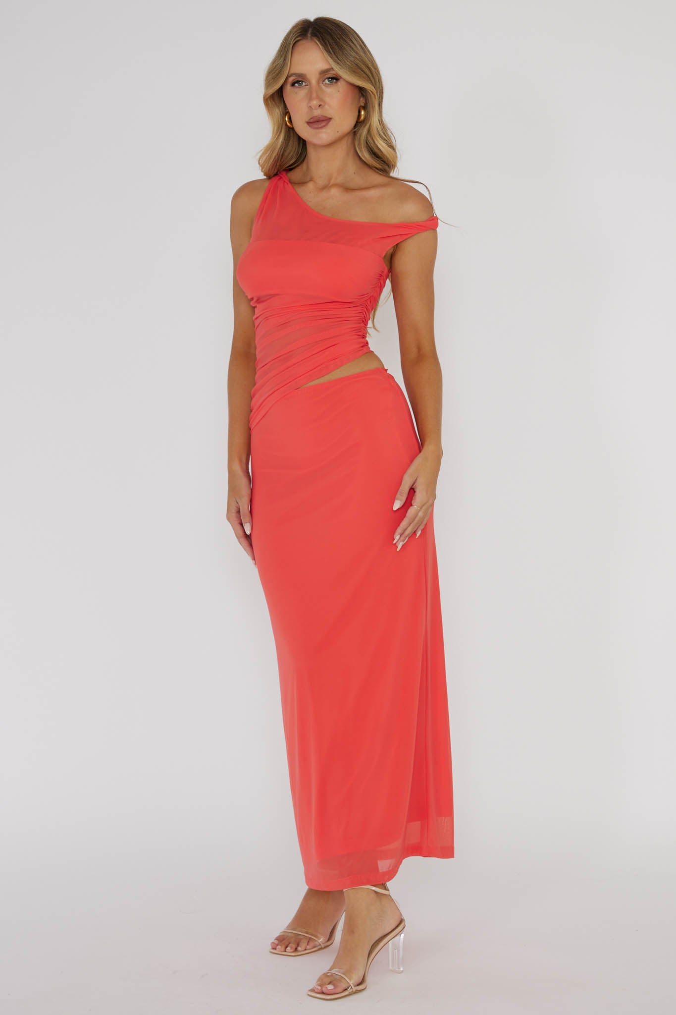 Lorely Ruched Bodice Twist Strap Midi Dress Watermelon-Maymioy