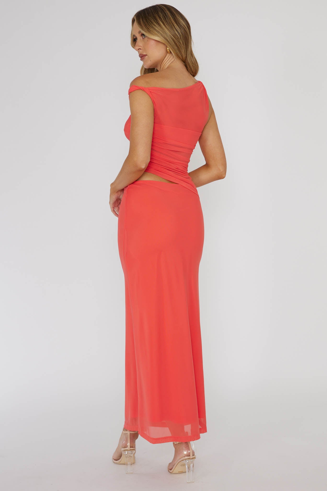 Lorely Ruched Bodice Twist Strap Midi Dress Watermelon-Maymioy