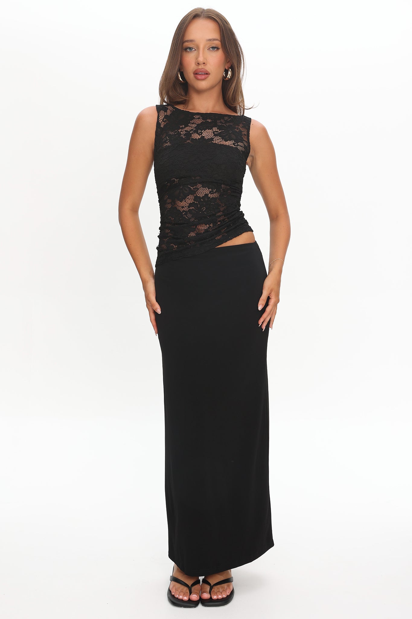 Lorely Ruched Lace Bodice Maxi Dress Black-Maymioy