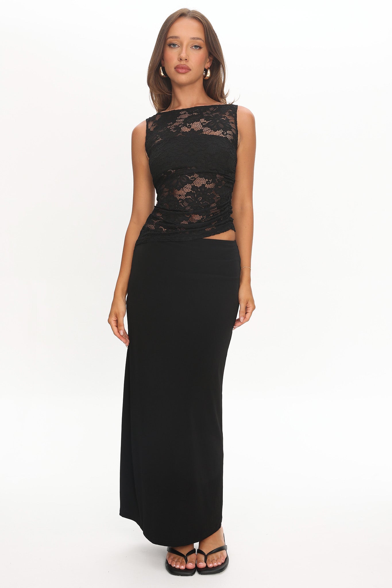 Lorely Ruched Lace Bodice Maxi Dress Black-Maymioy