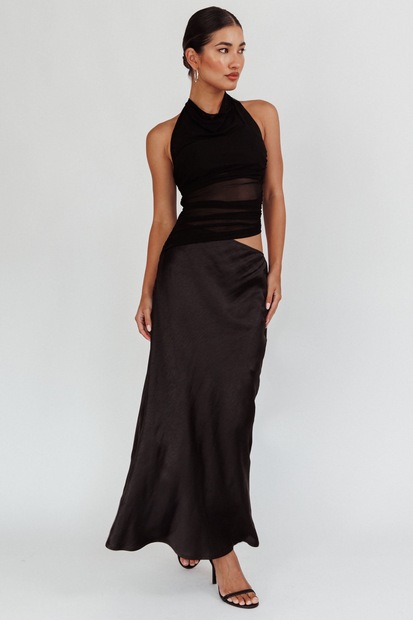 Lorely Ruched Bodice Halterneck Maxi Dress Black-Maymioy