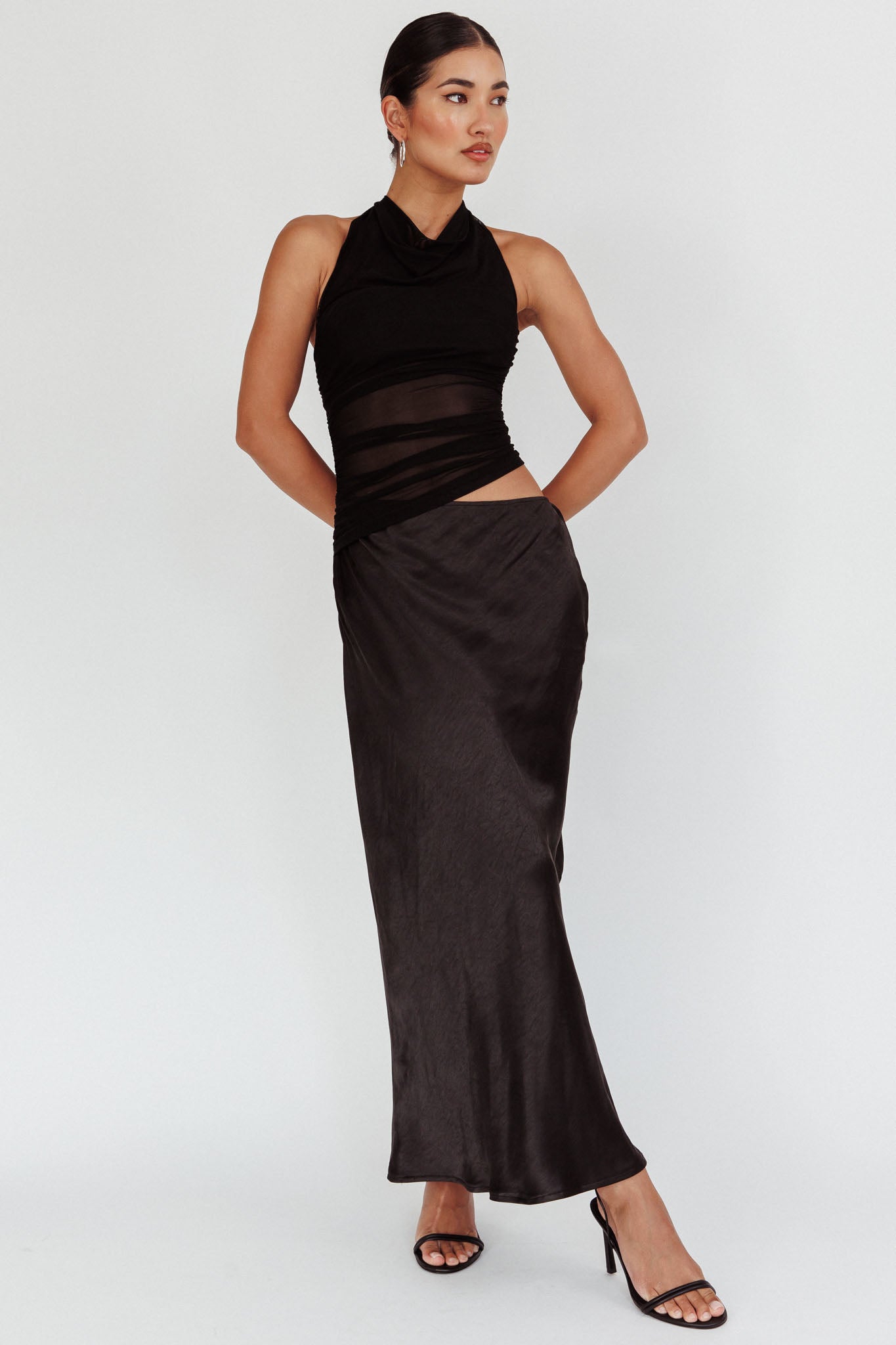 Lorely Ruched Bodice Halterneck Maxi Dress Black-Maymioy