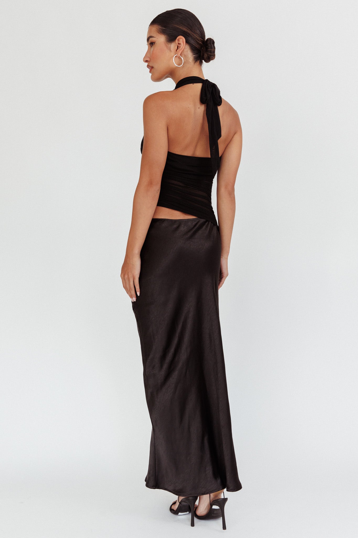 Lorely Ruched Bodice Halterneck Maxi Dress Black-Maymioy