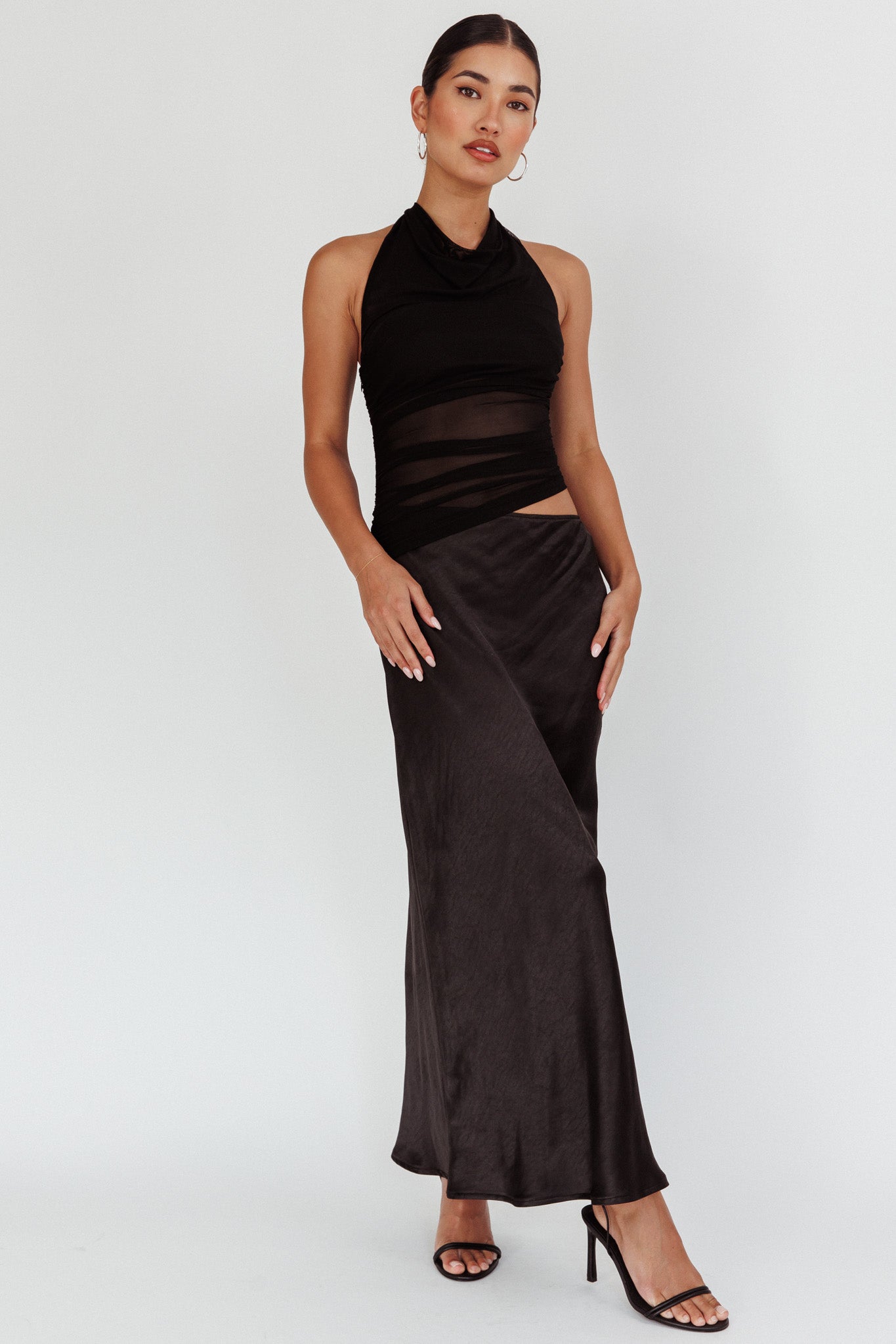 Lorely Ruched Bodice Halterneck Maxi Dress Black-Maymioy