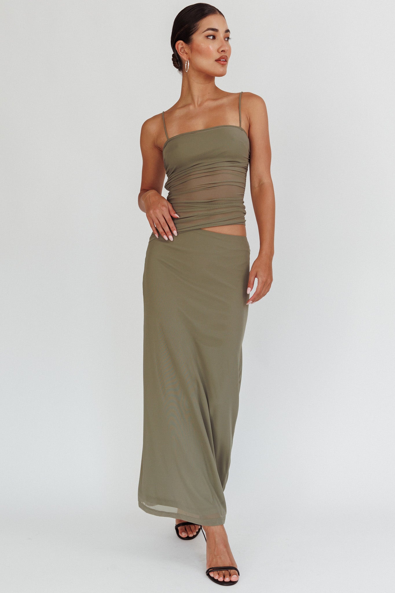Lorely Ruched Bodice Maxi Dress Olive-Maymioy