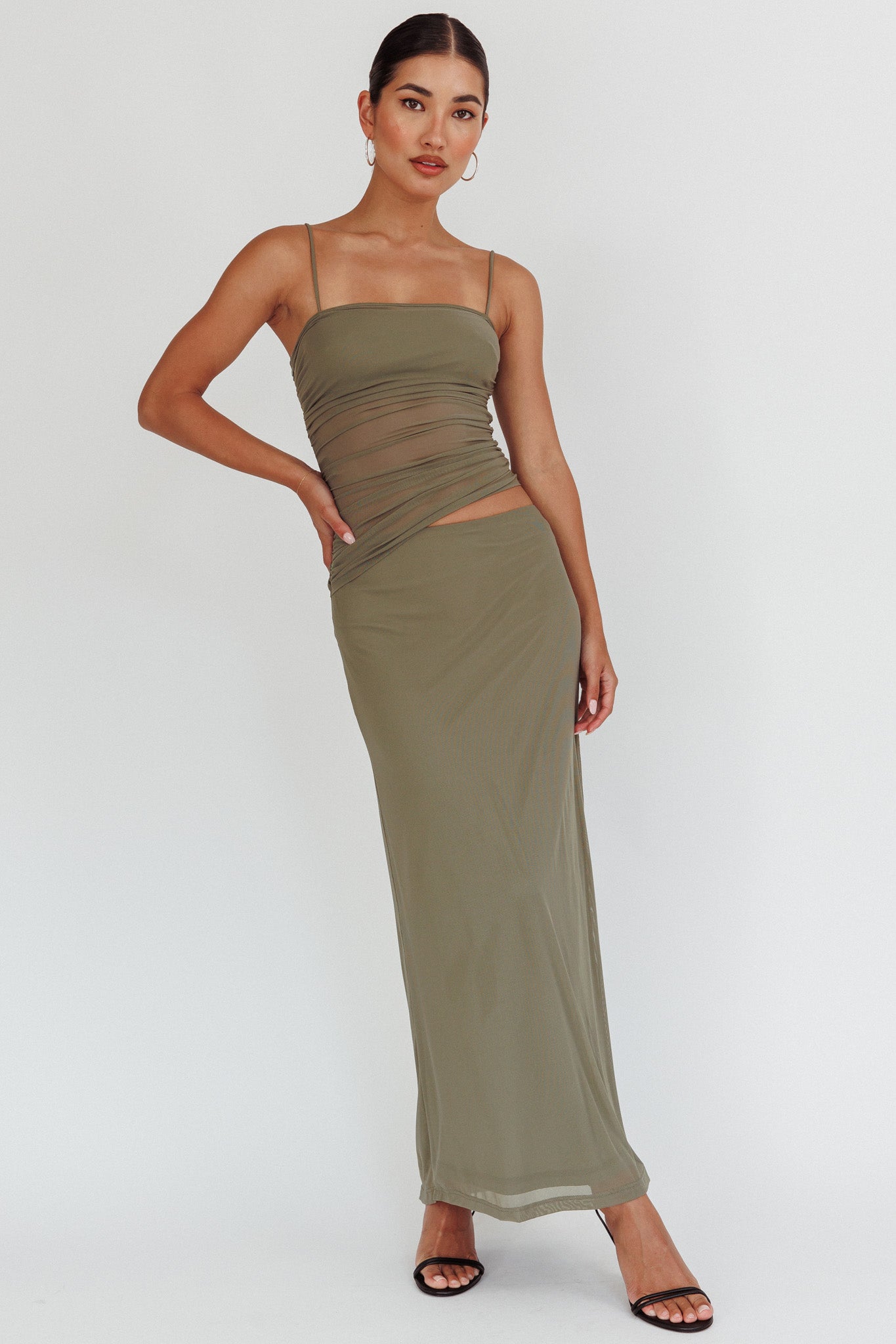 Lorely Ruched Bodice Maxi Dress Olive-Maymioy
