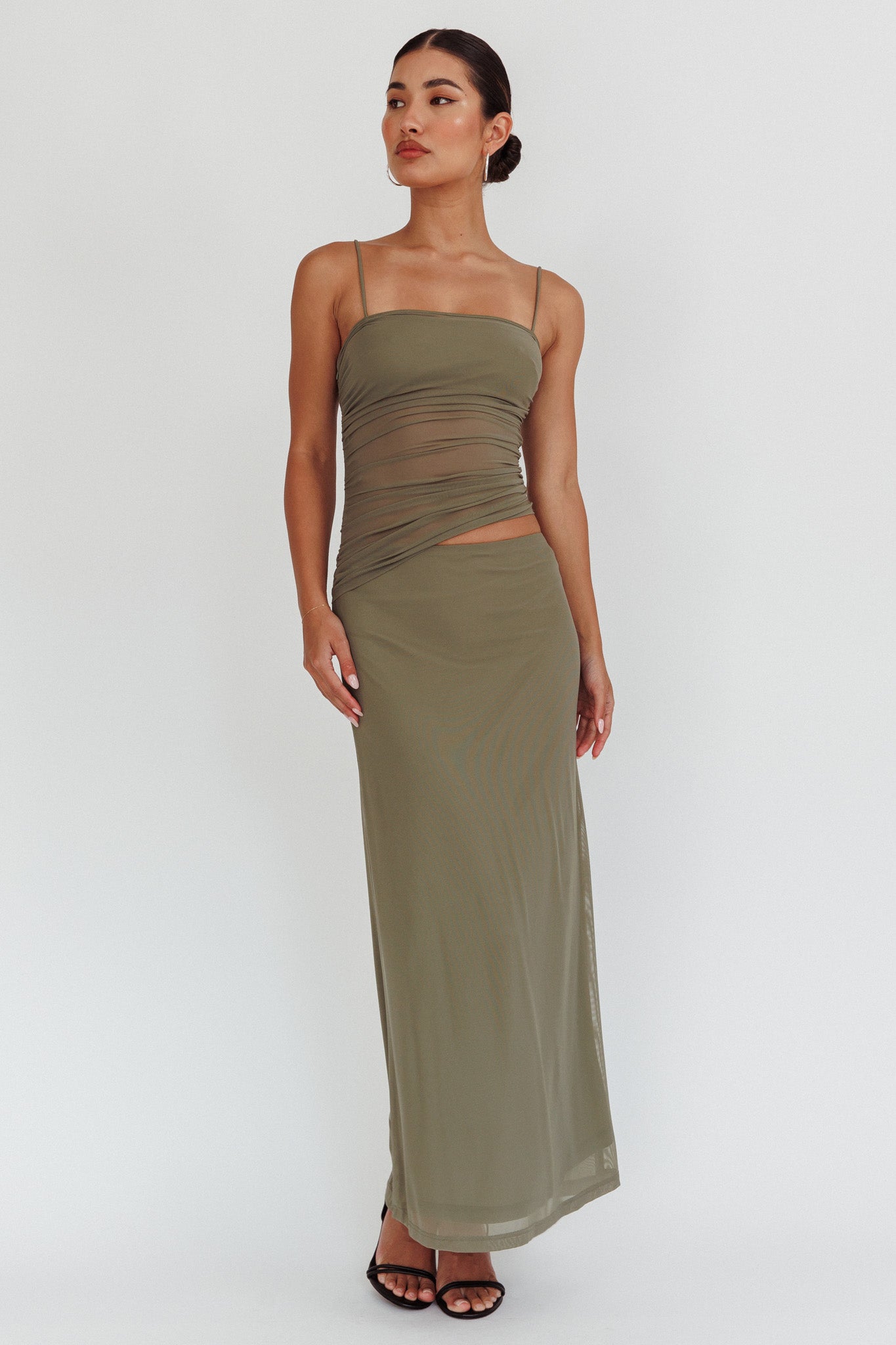 Lorely Ruched Bodice Maxi Dress Olive-Maymioy