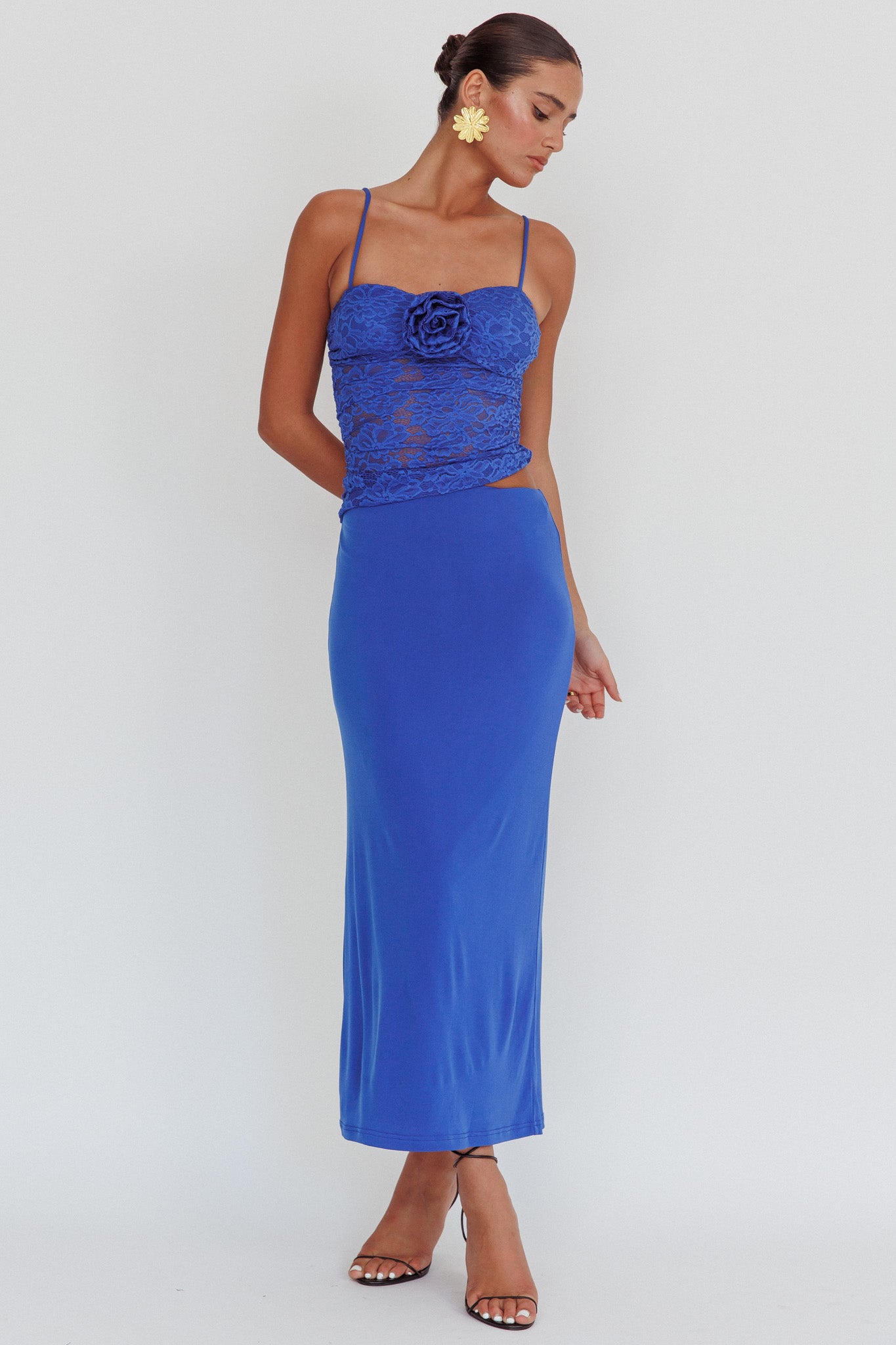 Lorely Lace Rosette Maxi Dress Top Blue-Maymioy