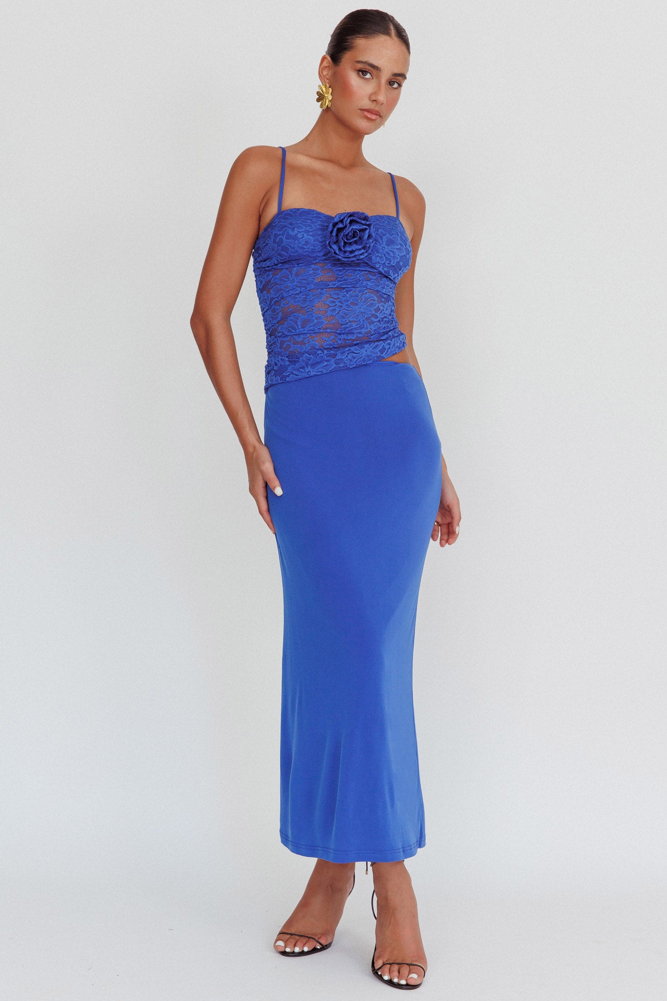 Lorely Lace Rosette Maxi Dress Top Blue-Maymioy