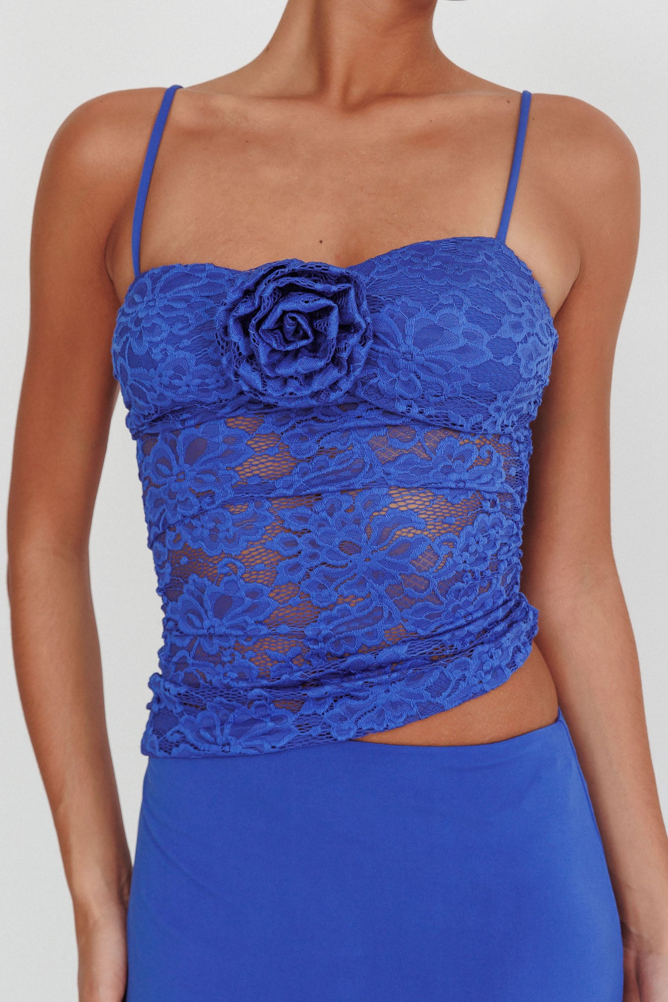 Lorely Lace Rosette Maxi Dress Top Blue-Maymioy