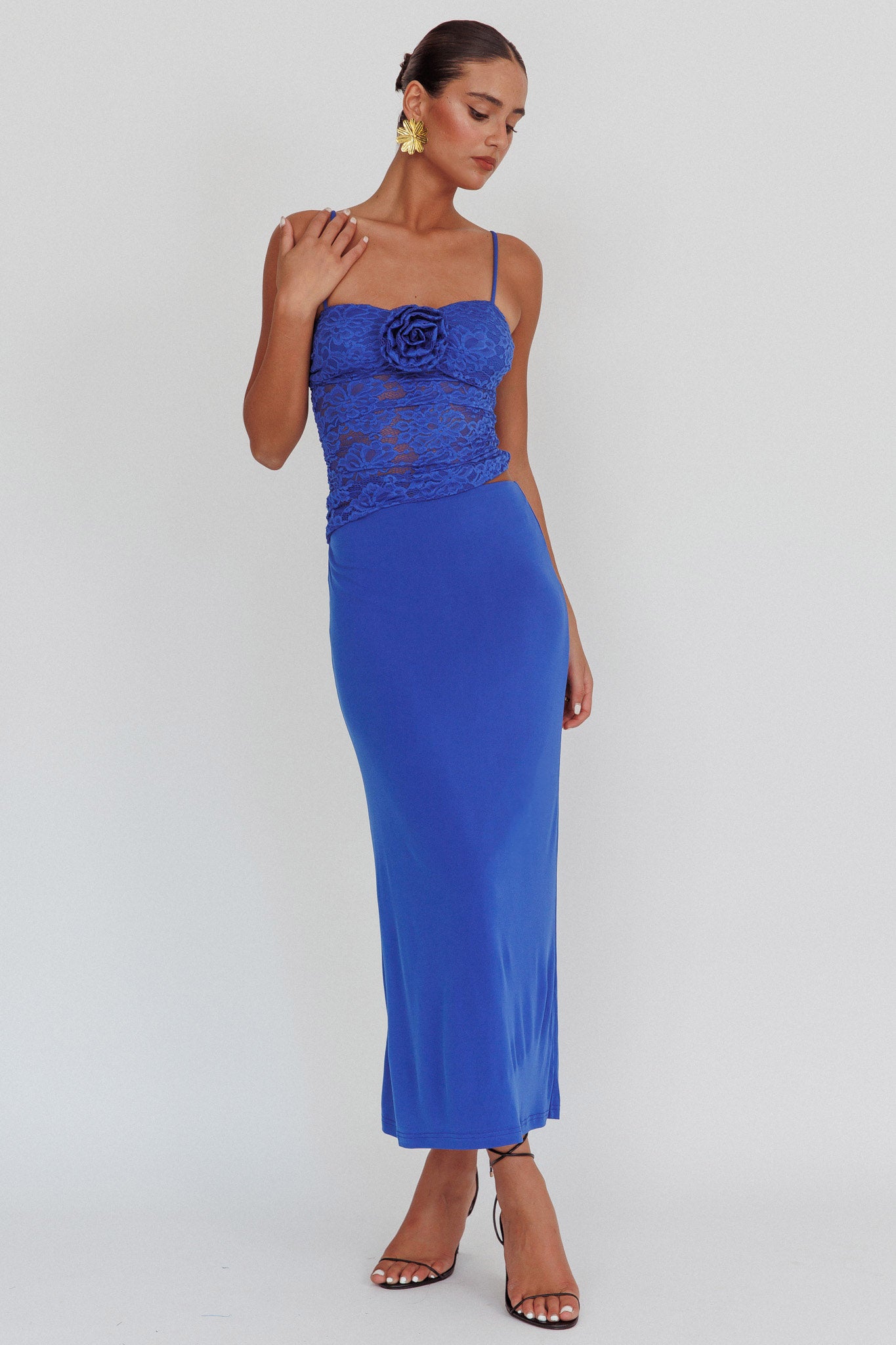 Lorely Lace Rosette Maxi Dress Top Blue-Maymioy