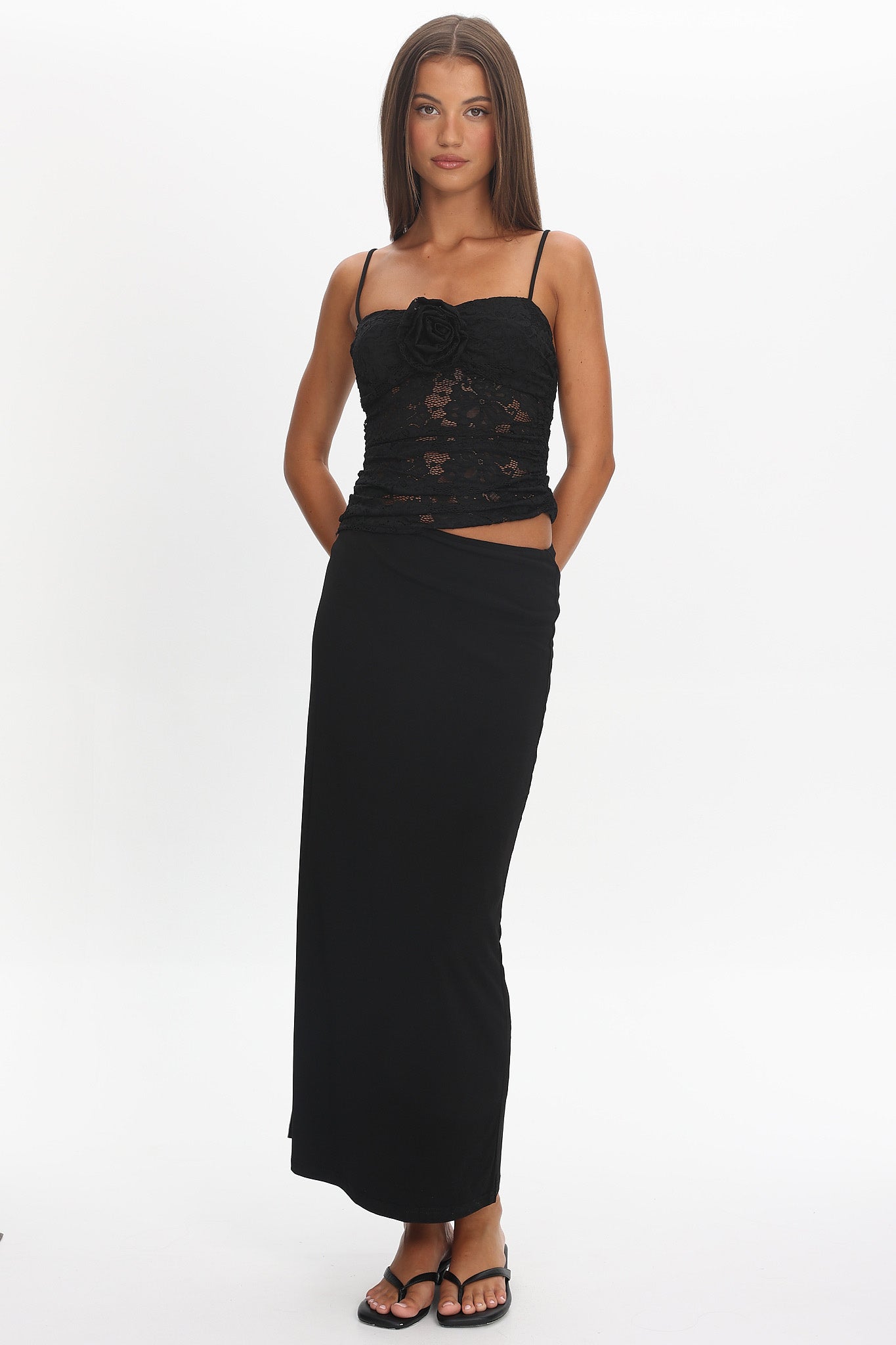 Lorely Lace Rosette Maxi Dress Black-Maymioy