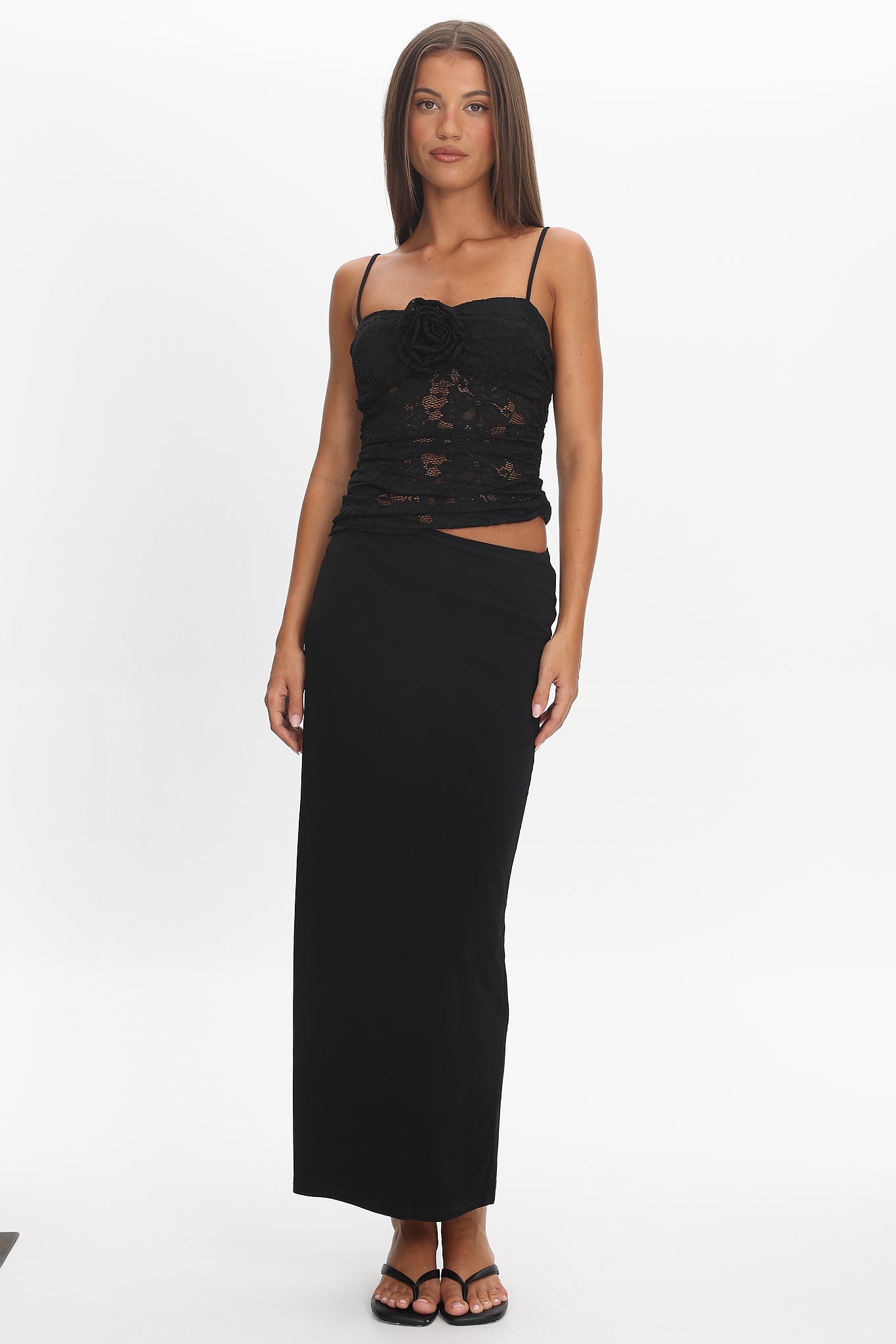 Lorely Lace Rosette Maxi Dress Black-Maymioy