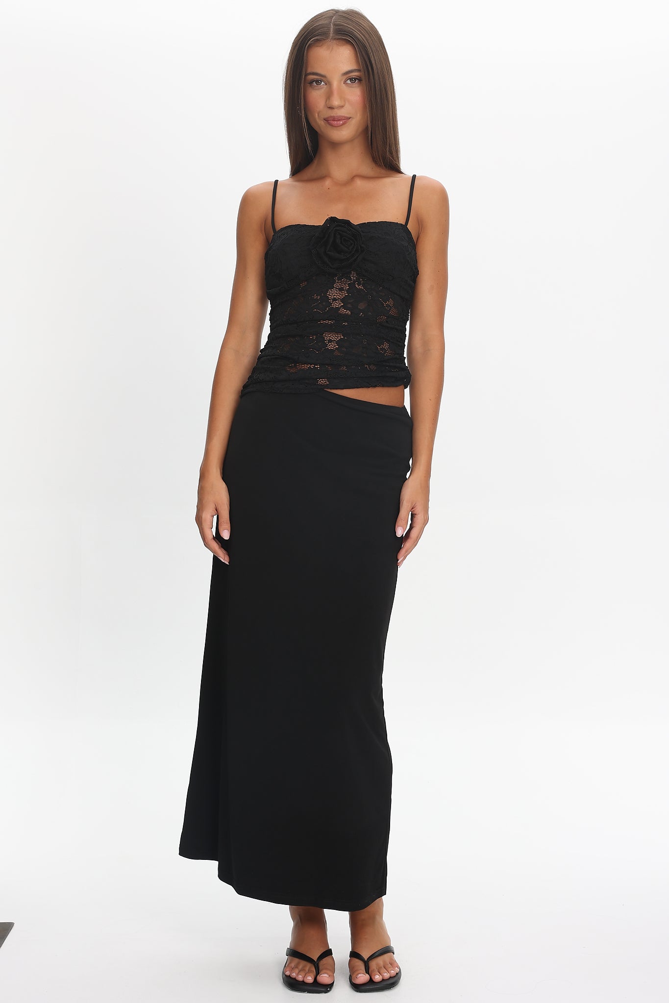 Lorely Lace Rosette Maxi Dress Black-Maymioy