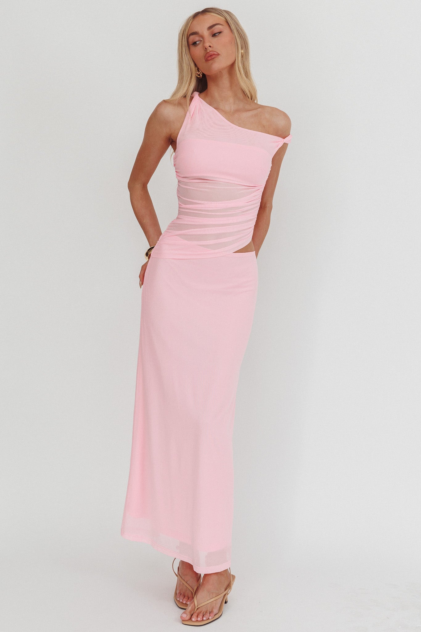 Lorely Ruched Bodice Twist Strap Maxi Dress Pink-Maymioy