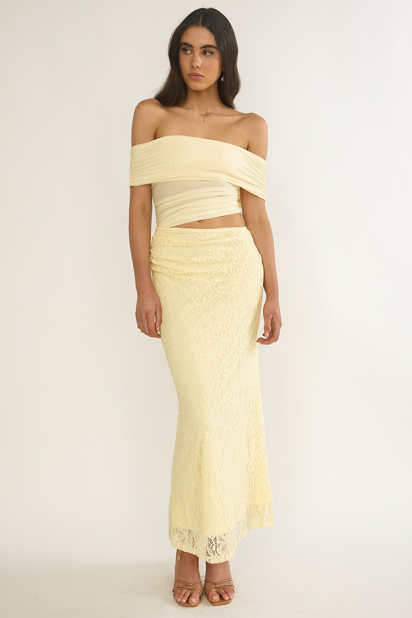 Lorely Off-Shoulder Lace Maxi Dress Butter-Maymioy