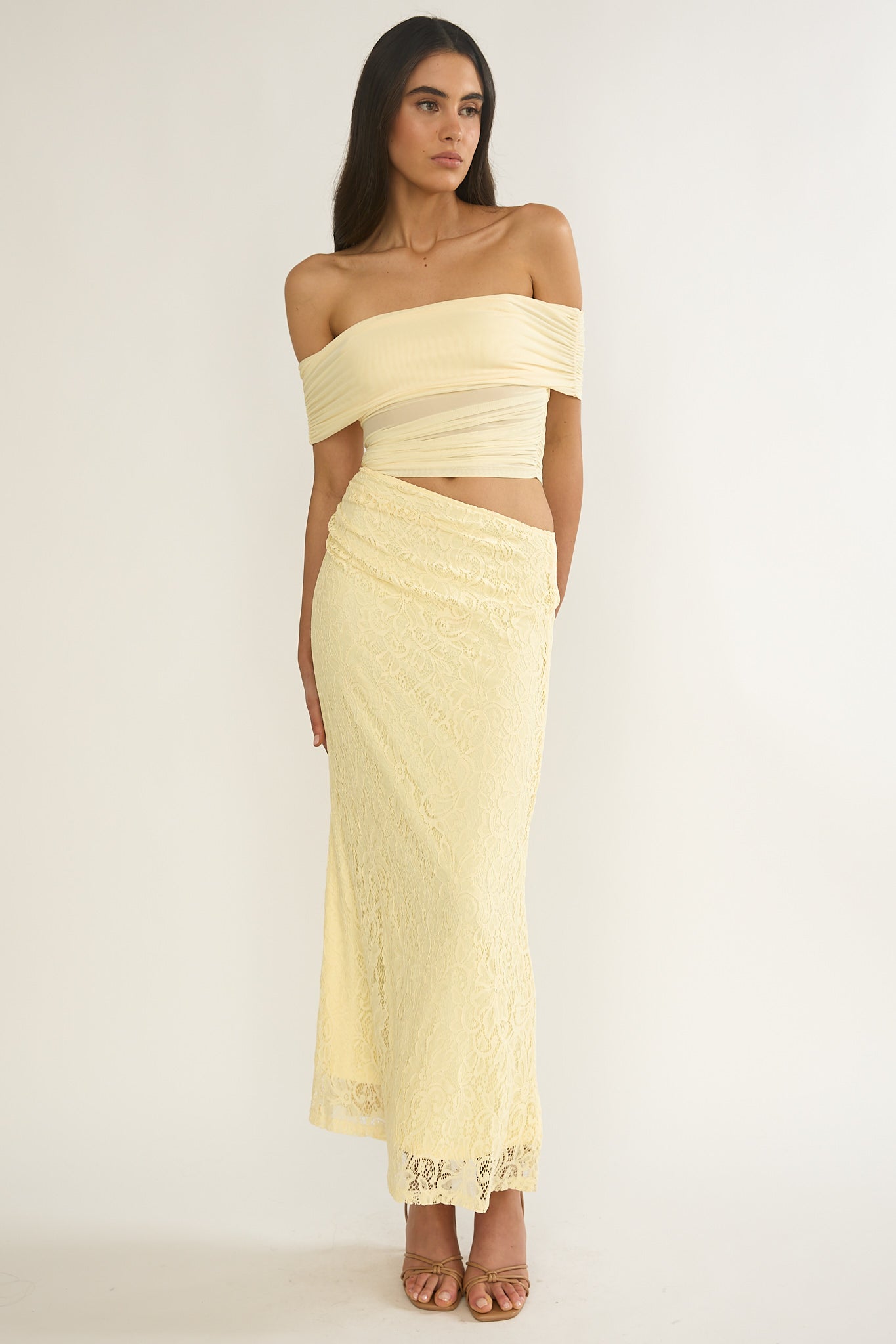 Lorely Off-Shoulder Lace Maxi Dress Butter-Maymioy