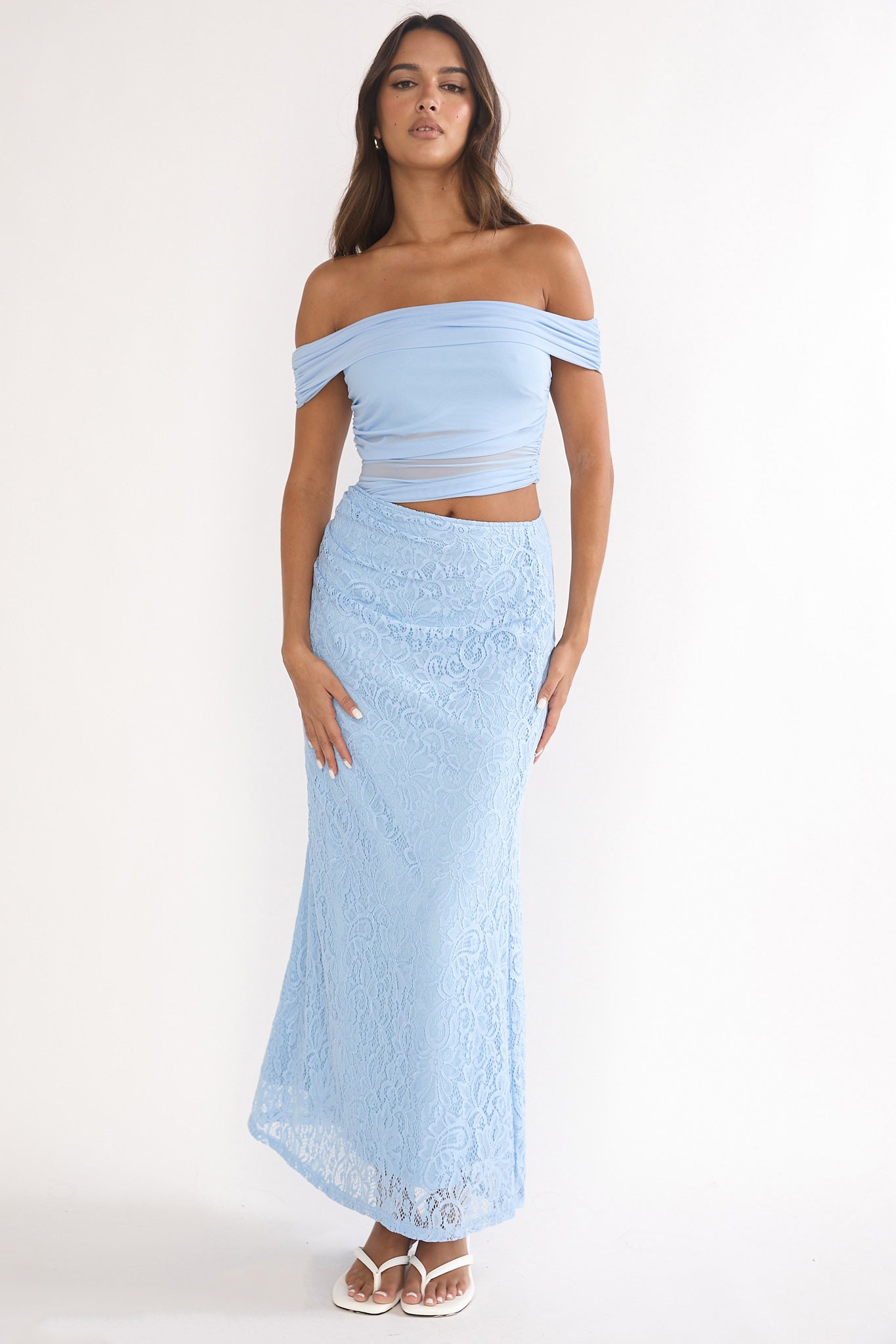 Lorely Off-Shoulder Lace Maxi Dress Blue-Maymioy