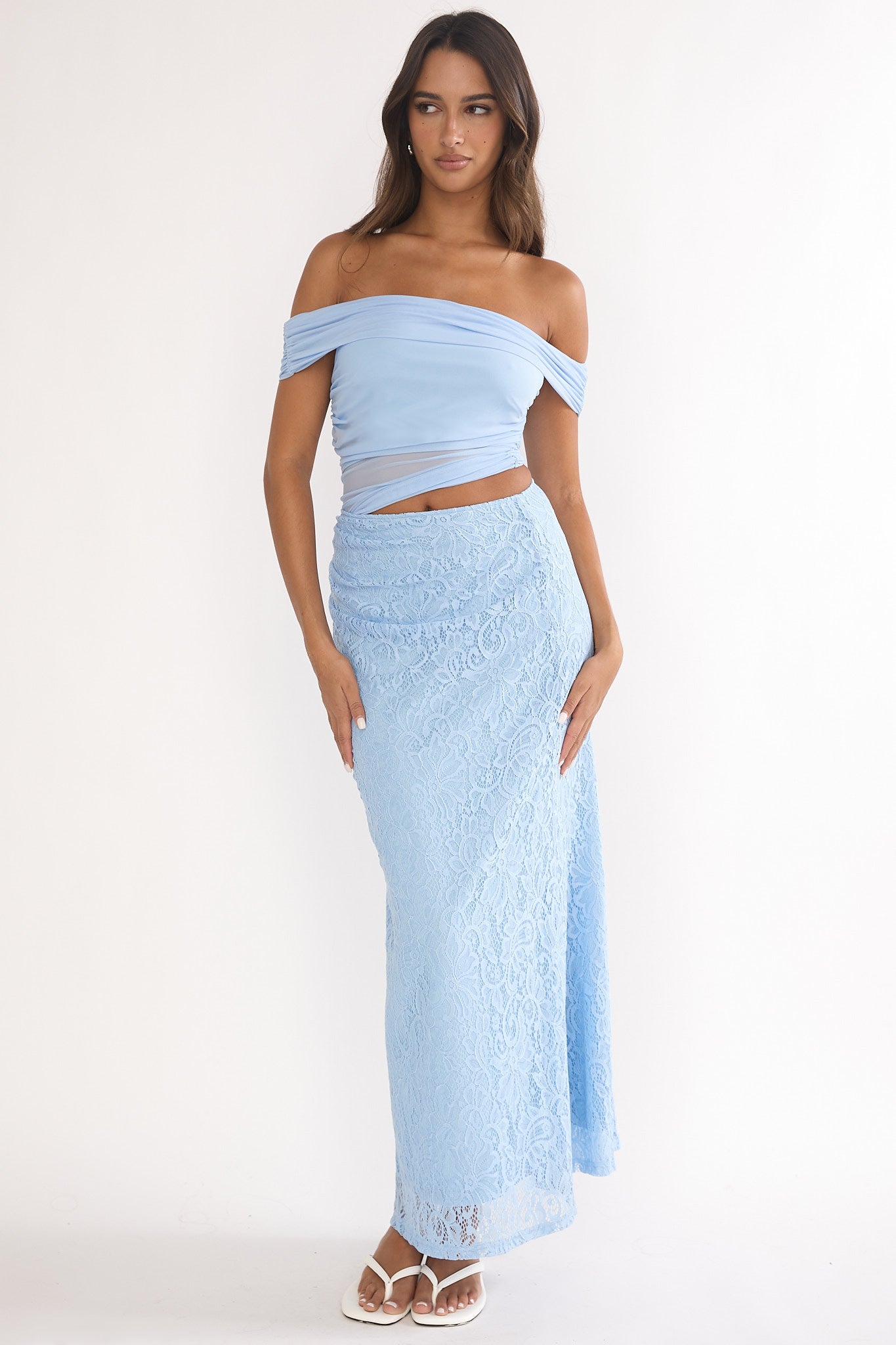 Lorely Off-Shoulder Lace Maxi Dress Blue-Maymioy