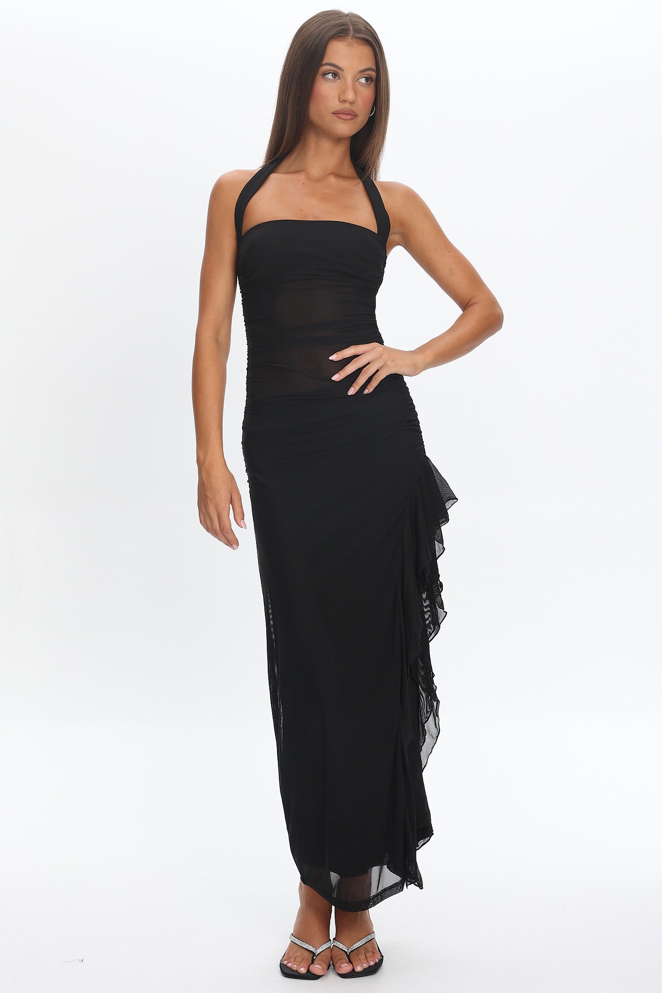 Lorely Halterneck Mesh Maxi Dress Black-Maymioy