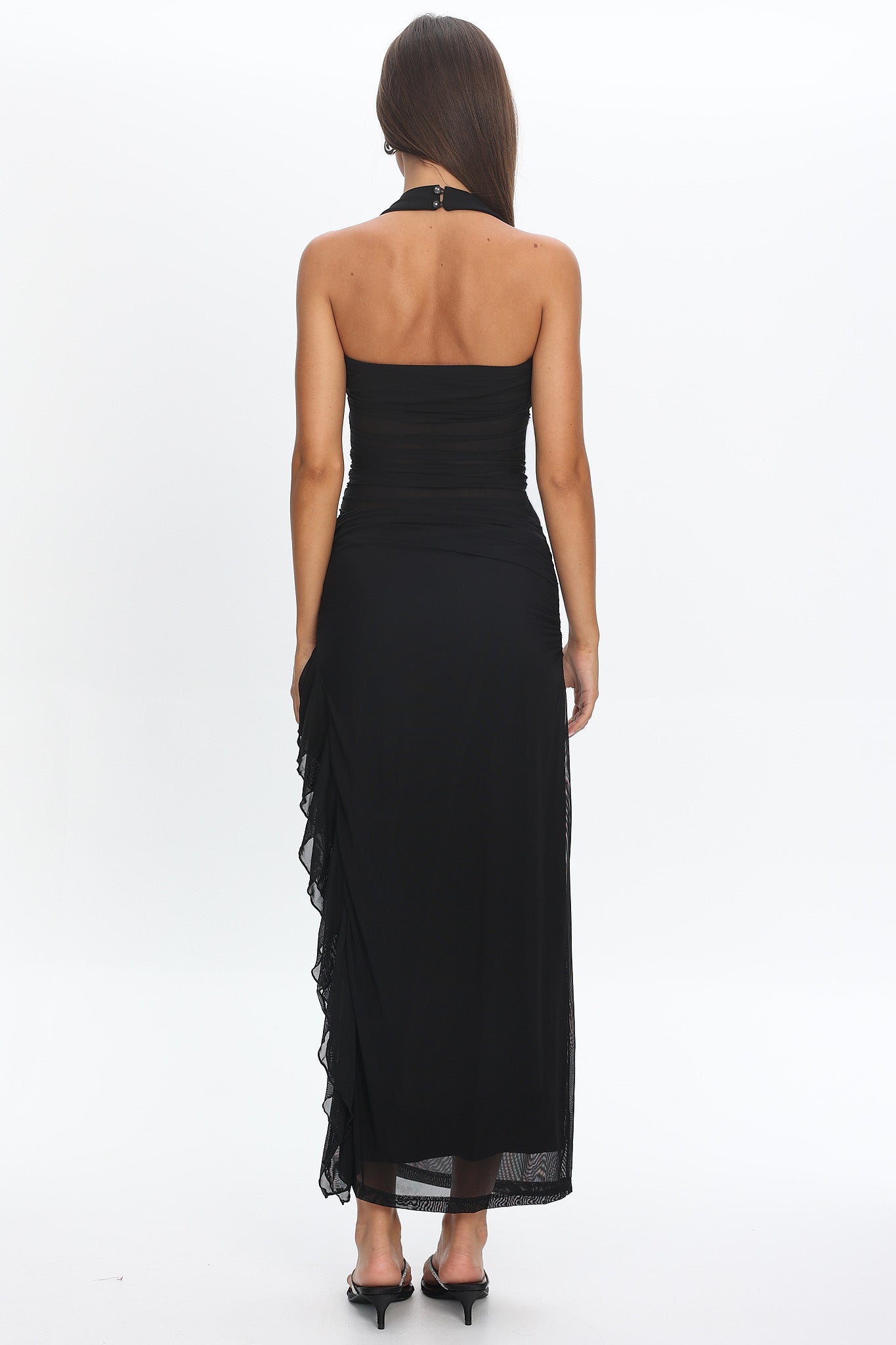 Lorely Halterneck Mesh Maxi Dress Black-Maymioy