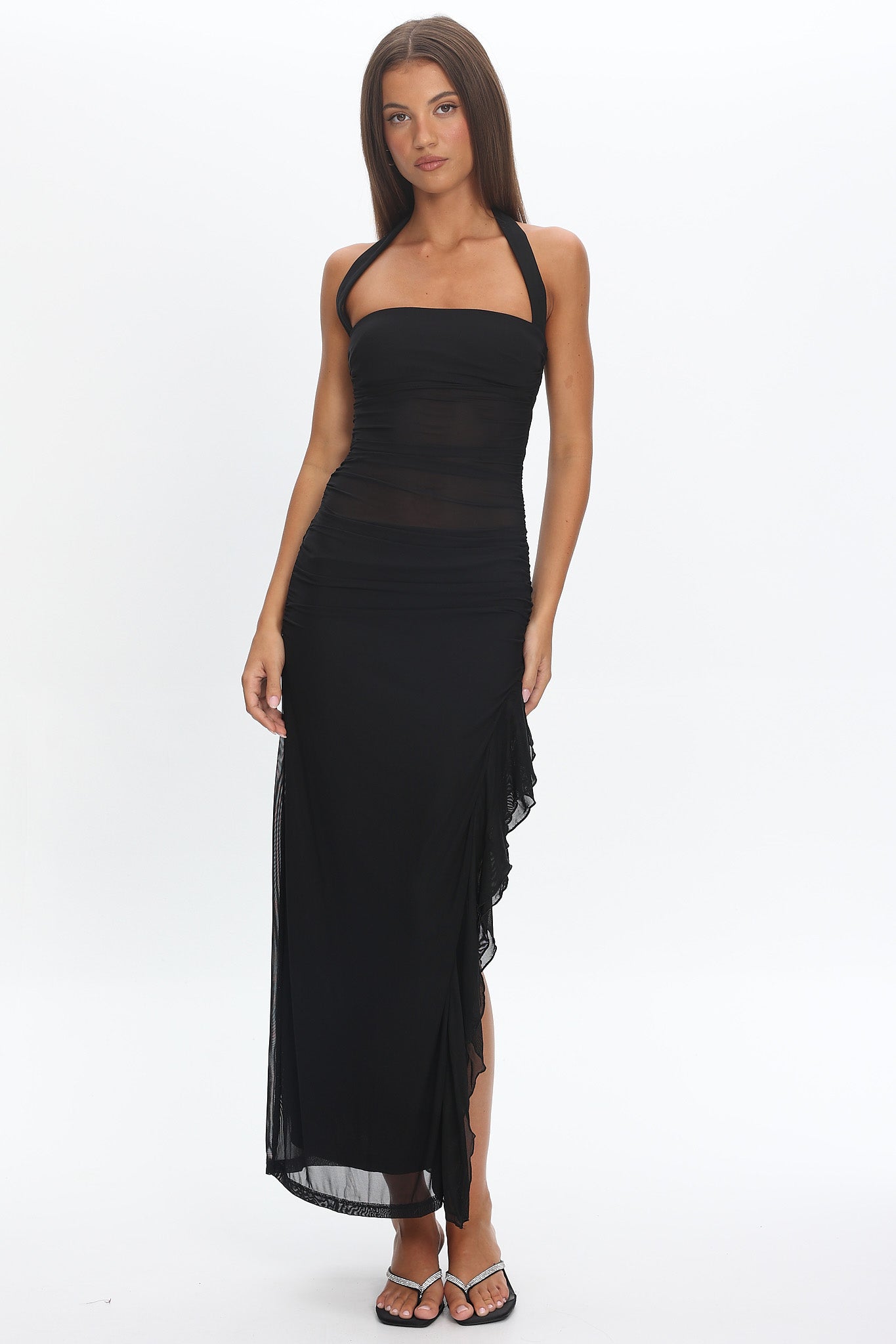 Lorely Halterneck Mesh Maxi Dress Black-Maymioy