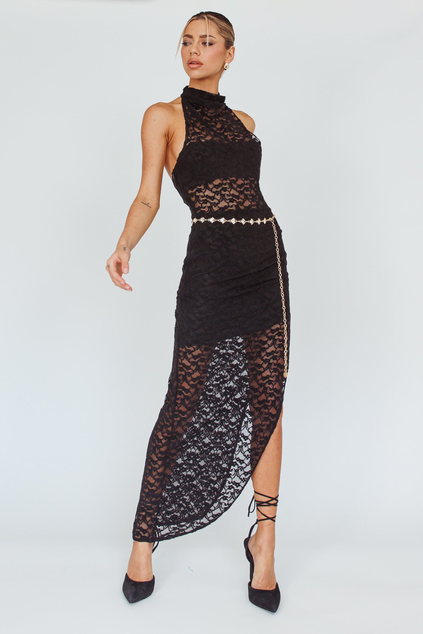 Tokyo Dreams Lace Halter Maxi Dress Black-Maymioy