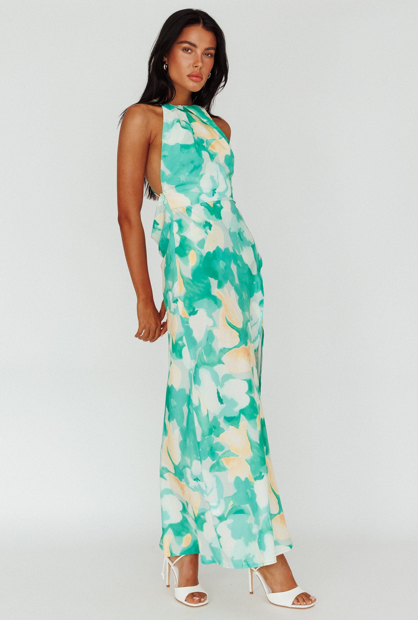 Val Cowl Back Maxi Dress Floral Green-Maymioy