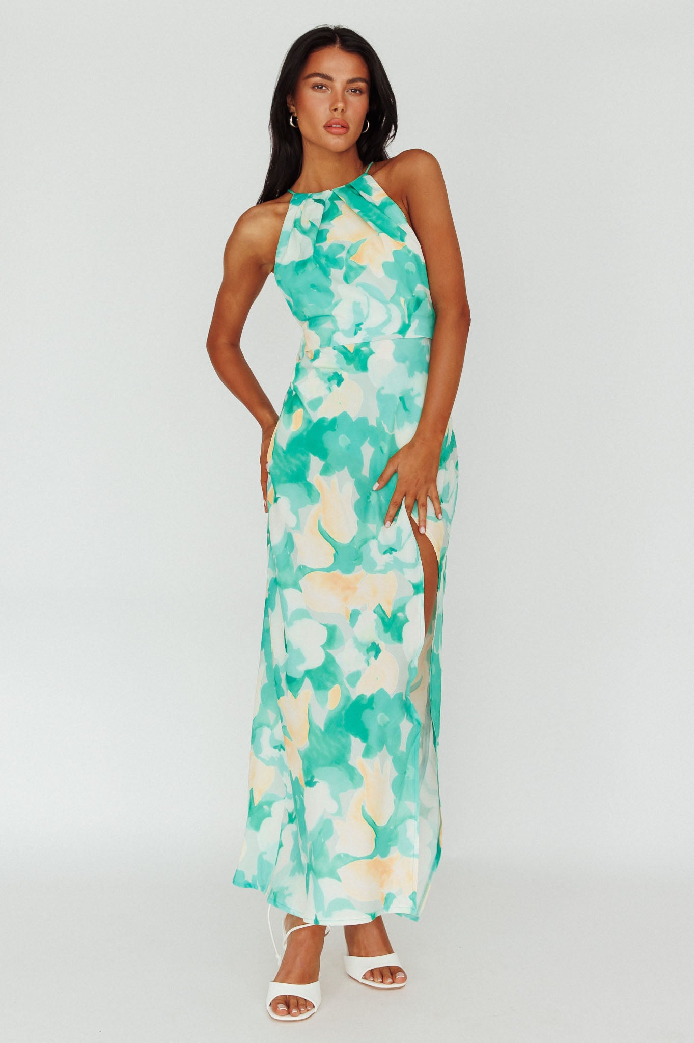 Val Cowl Back Maxi Dress Floral Green-Maymioy
