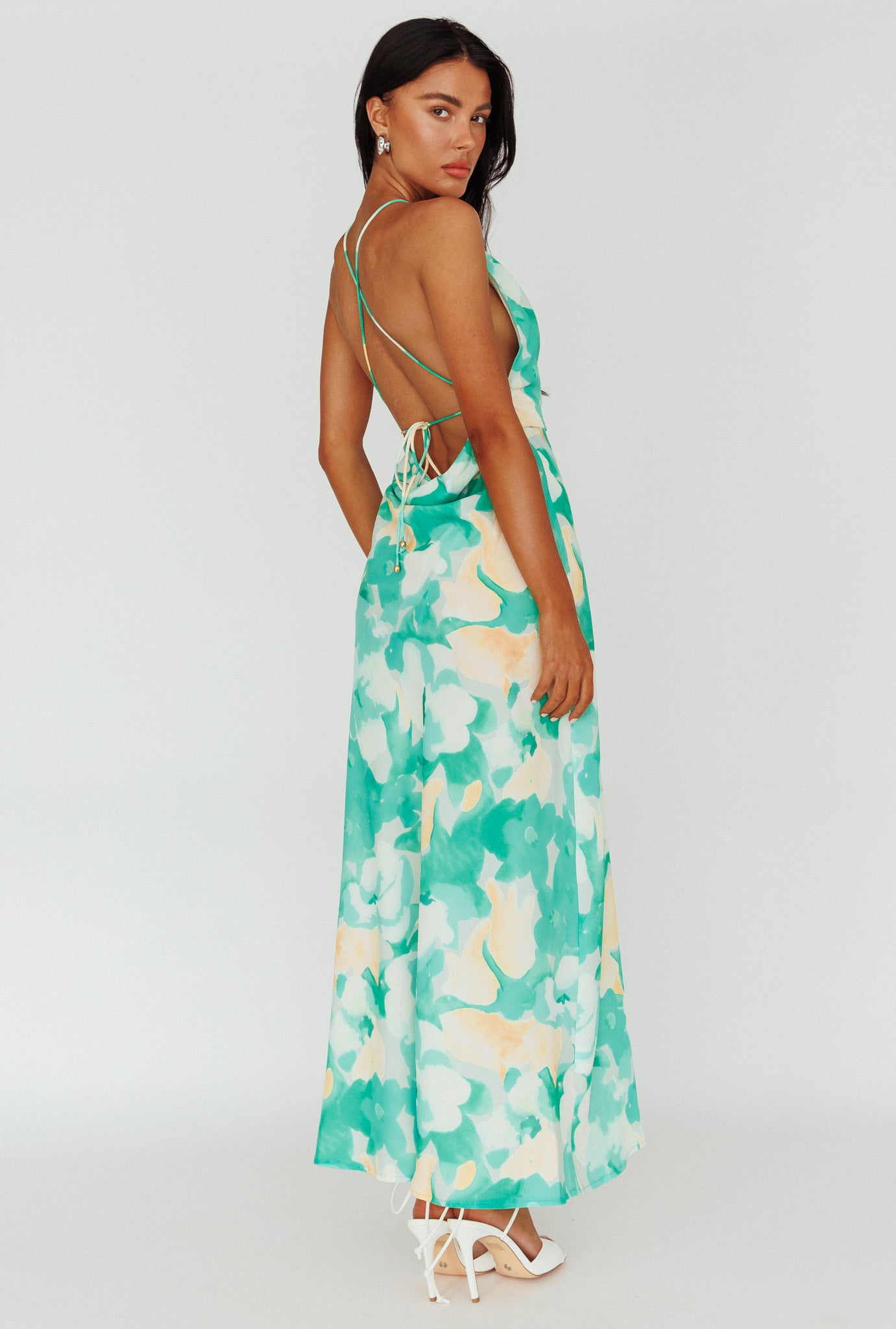 Val Cowl Back Maxi Dress Floral Green-Maymioy