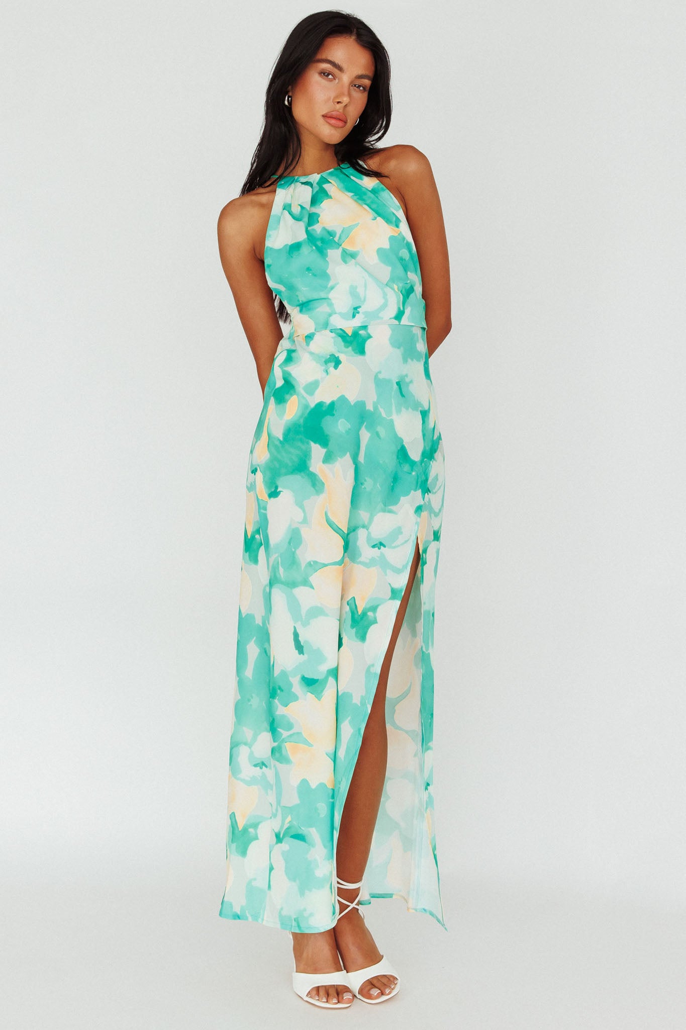 Val Cowl Back Maxi Dress Floral Green-Maymioy
