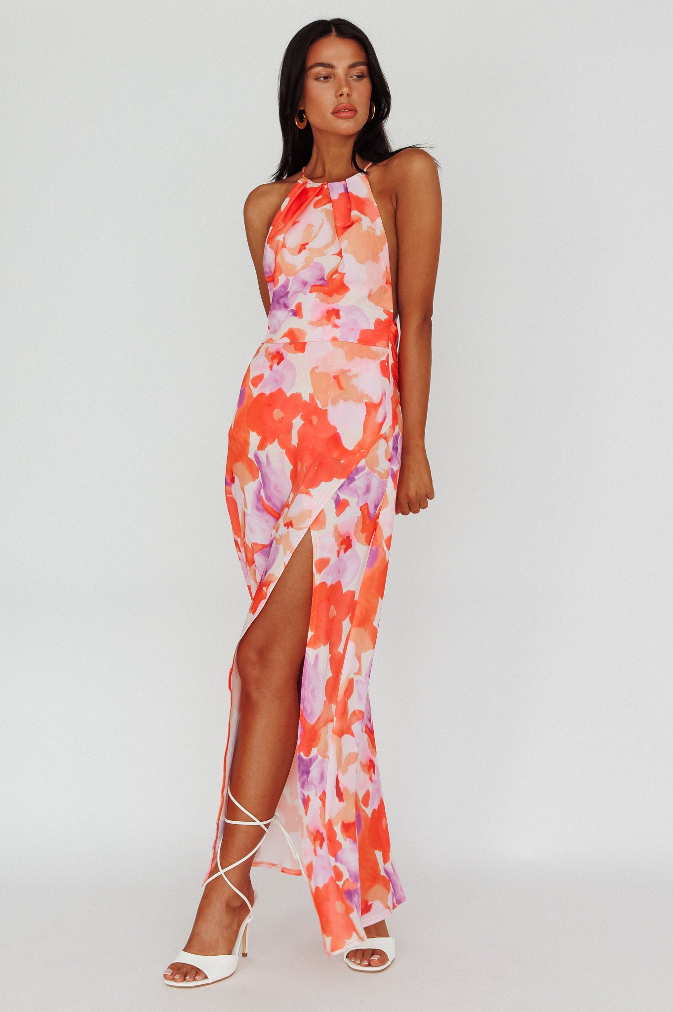 Val Cowl Back Maxi Dress Floral Orange-Maymioy