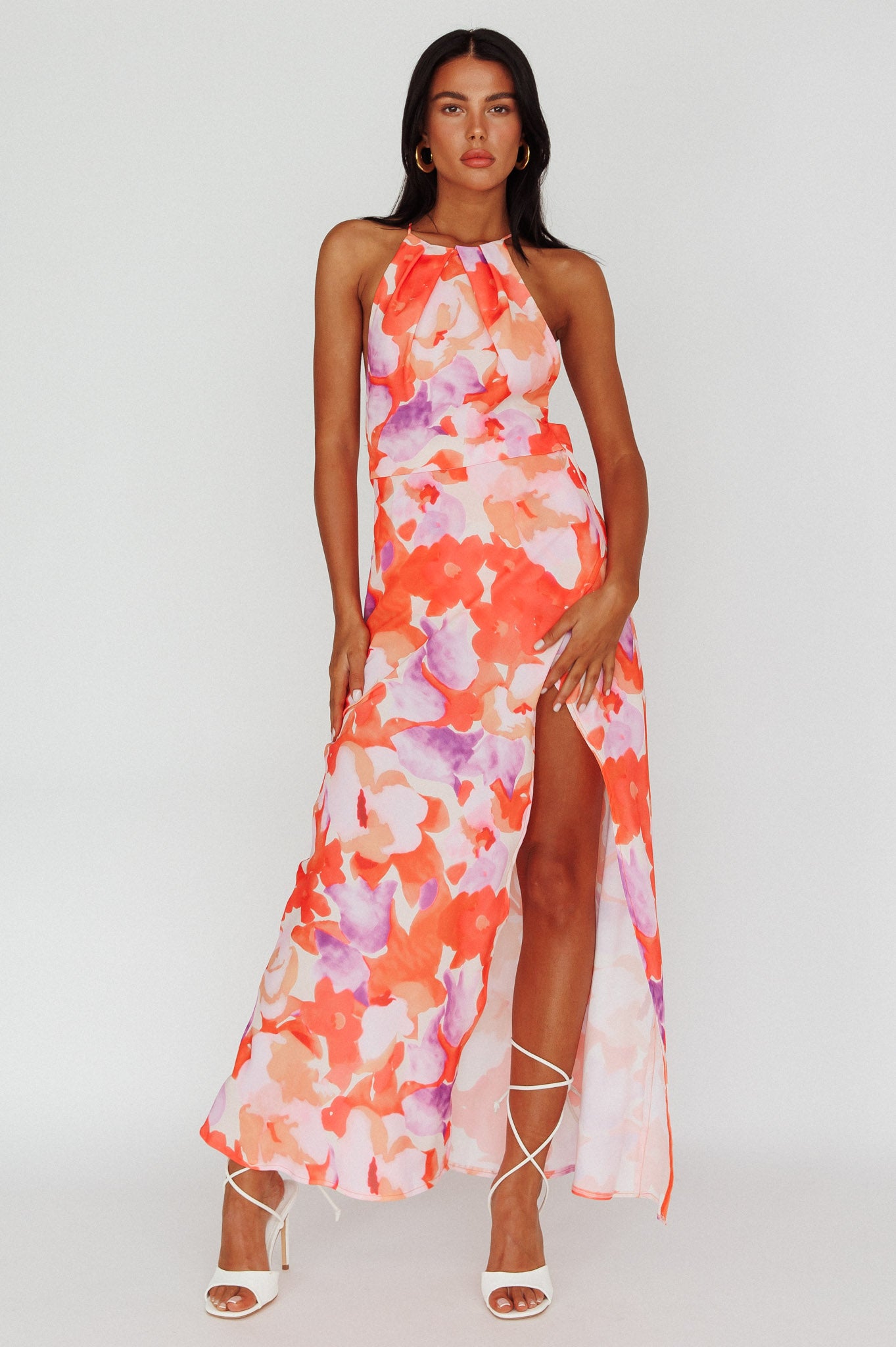 Val Cowl Back Maxi Dress Floral Orange-Maymioy