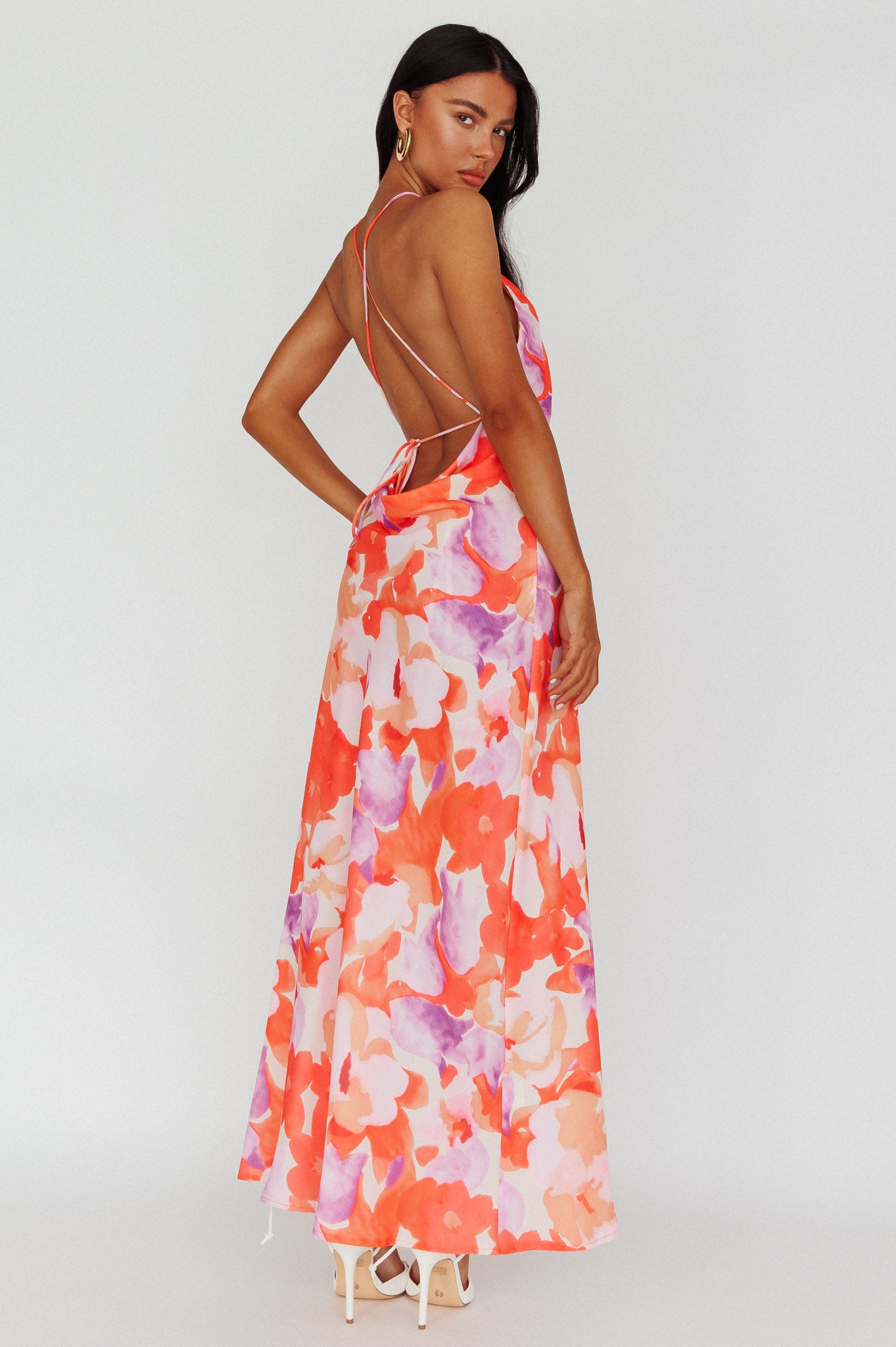 Val Cowl Back Maxi Dress Floral Orange-Maymioy