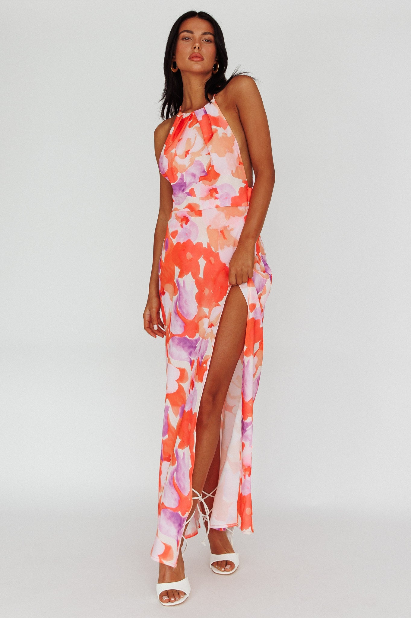 Val Cowl Back Maxi Dress Floral Orange-Maymioy